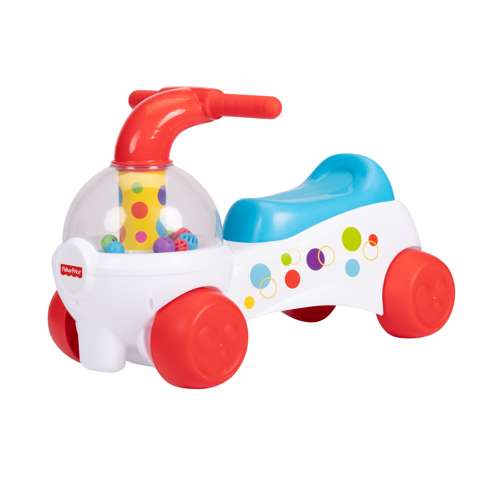 Un'auto giocattolo bianca, rossa e blu. Ha una sezione a bolle con palline colorate e un manubrio.