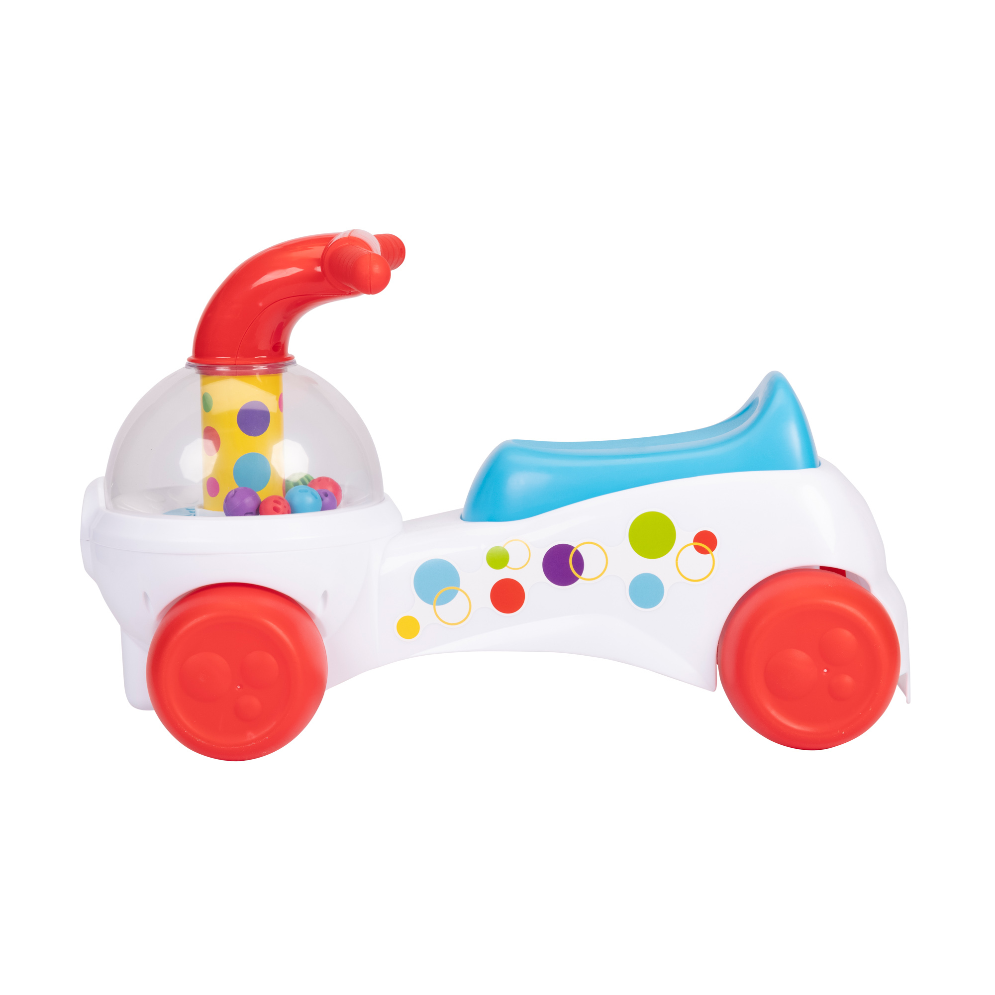 Un'auto giocattolo bianca con ruote e maniglia rosse. Ha un sedile blu e cerchi colorati sul lato. La parte anteriore ha una bolla.