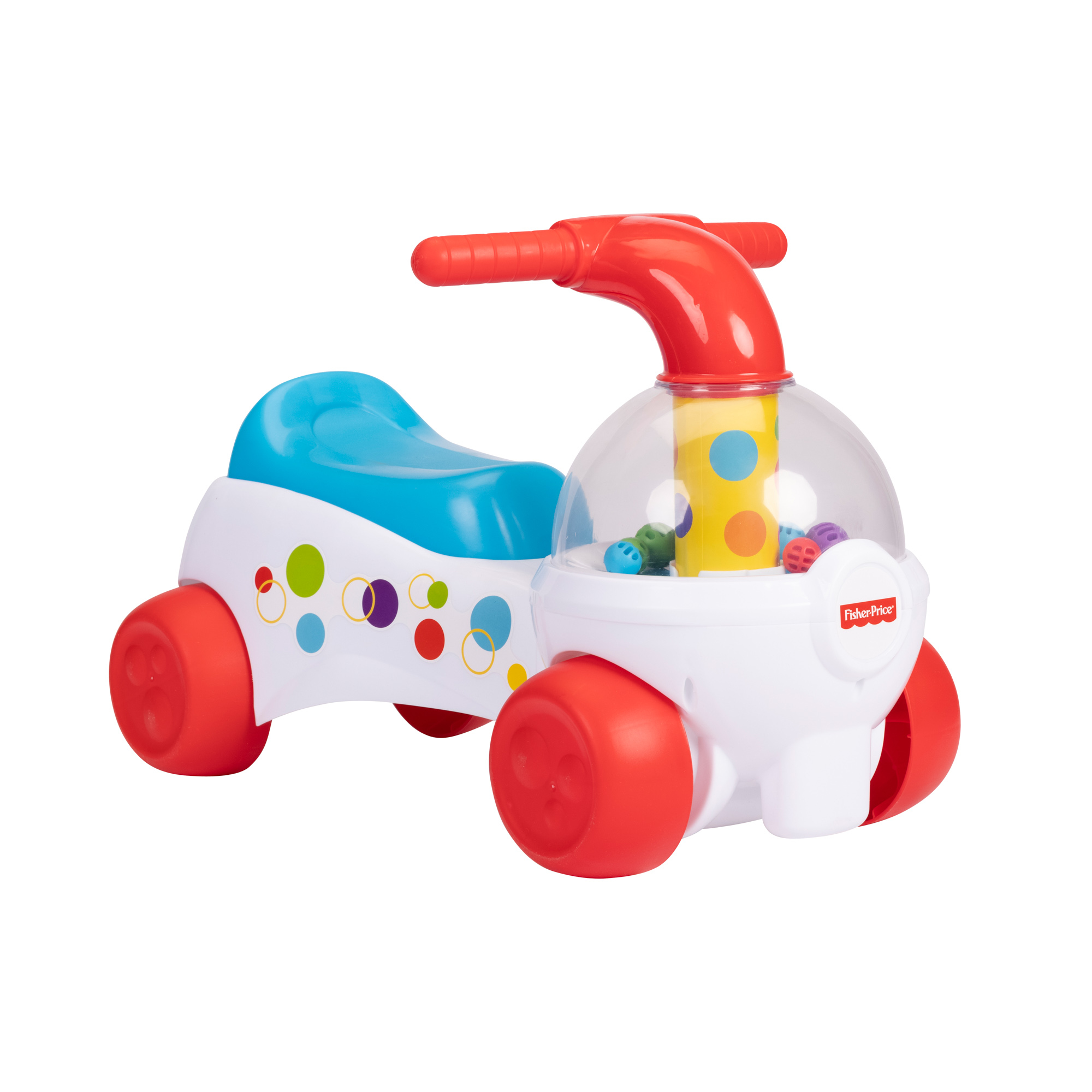 Un giocattolo Fisher-Price bianco e rosso con sedile blu, punti colorati e una cupola trasparente con palline.