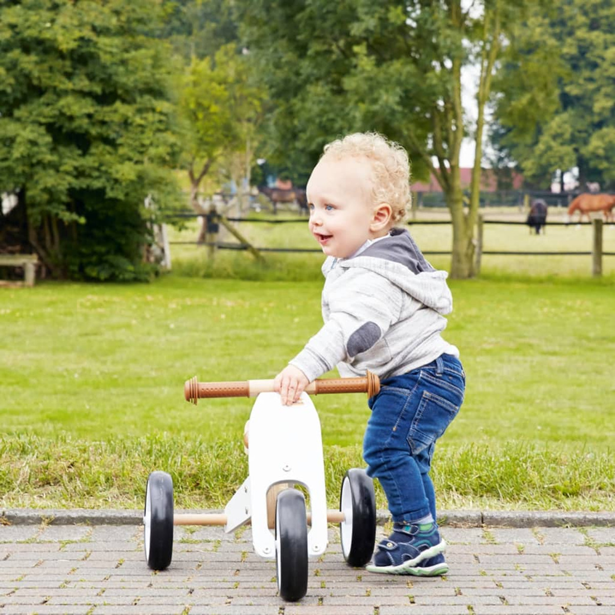 Un bambino sorride mentre va in triciclo bianco su un sentiero lastricato. Erba verde e alberi sullo sfondo. I cavalli sono in un pascolo recintato.