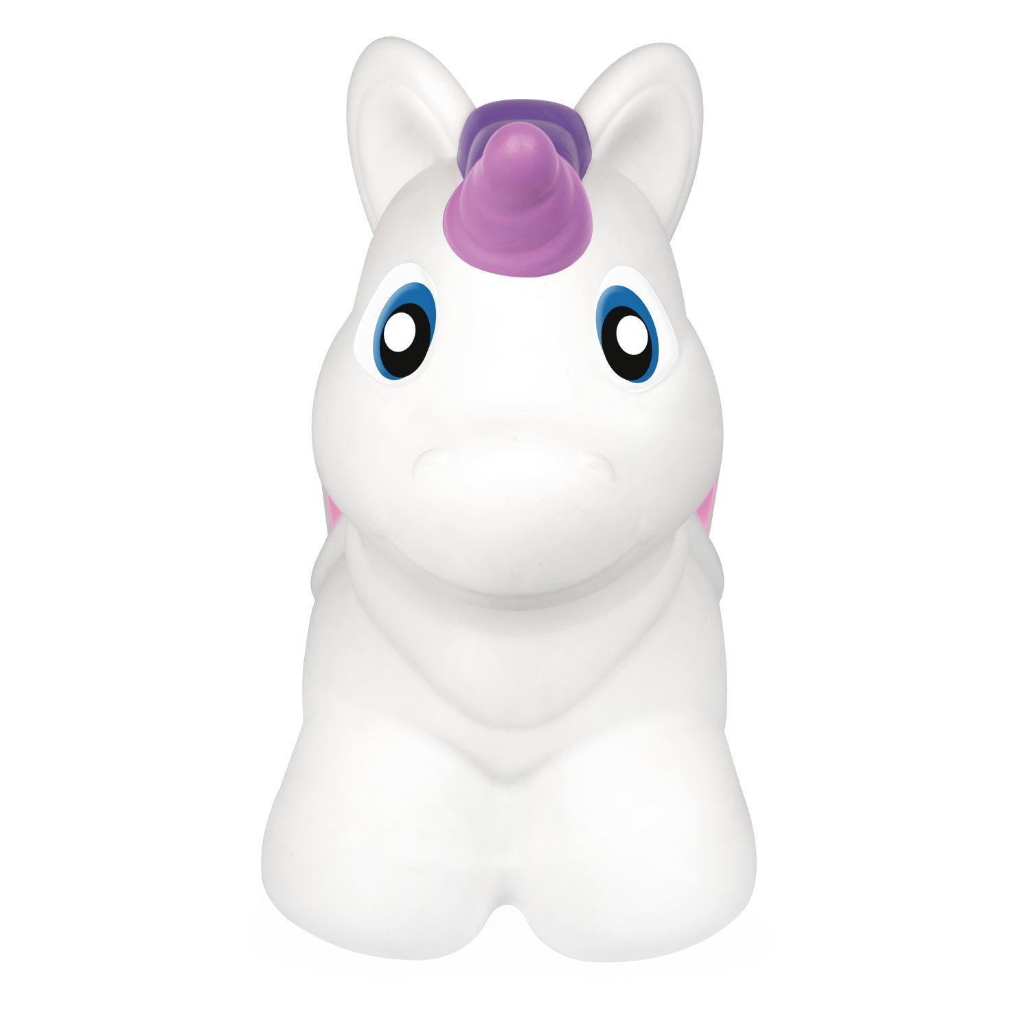 Ein weißes Einhorn-Spielzeug mit blauen Augen und einem lila Horn. Es hat eine rosa Mähne und sitzt. Der Hintergrund ist weiß.