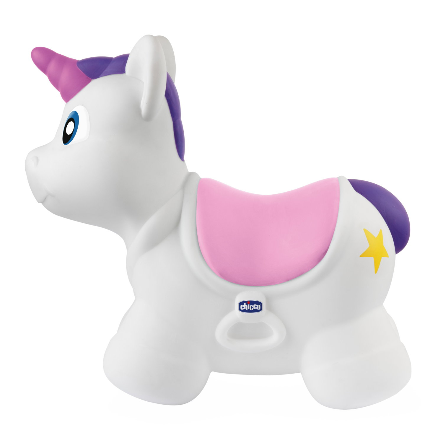 Ein weißes Einhorn-Spielzeug mit rosa Sattel, lila Mähne und gelbem Stern. Es hat ein blaues Auge und ein rosa Horn. Die Marke ist 'chicco'.