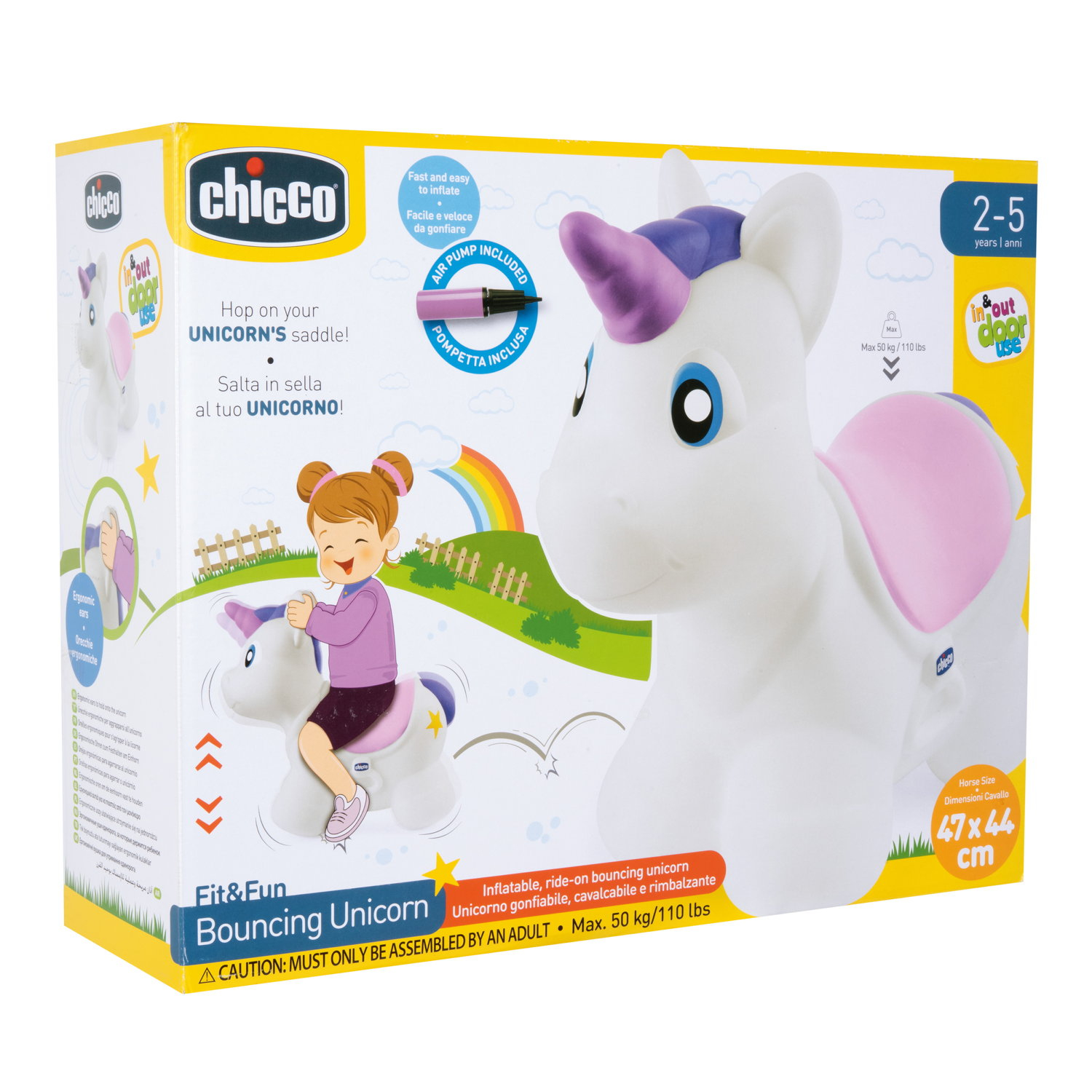 Die Box zeigt ein weißes Einhorn-Spielzeug, auf dem ein Kind reitet. Text enthält 'Hüpfendes Einhorn' und 'Luftpumpe enthalten'.