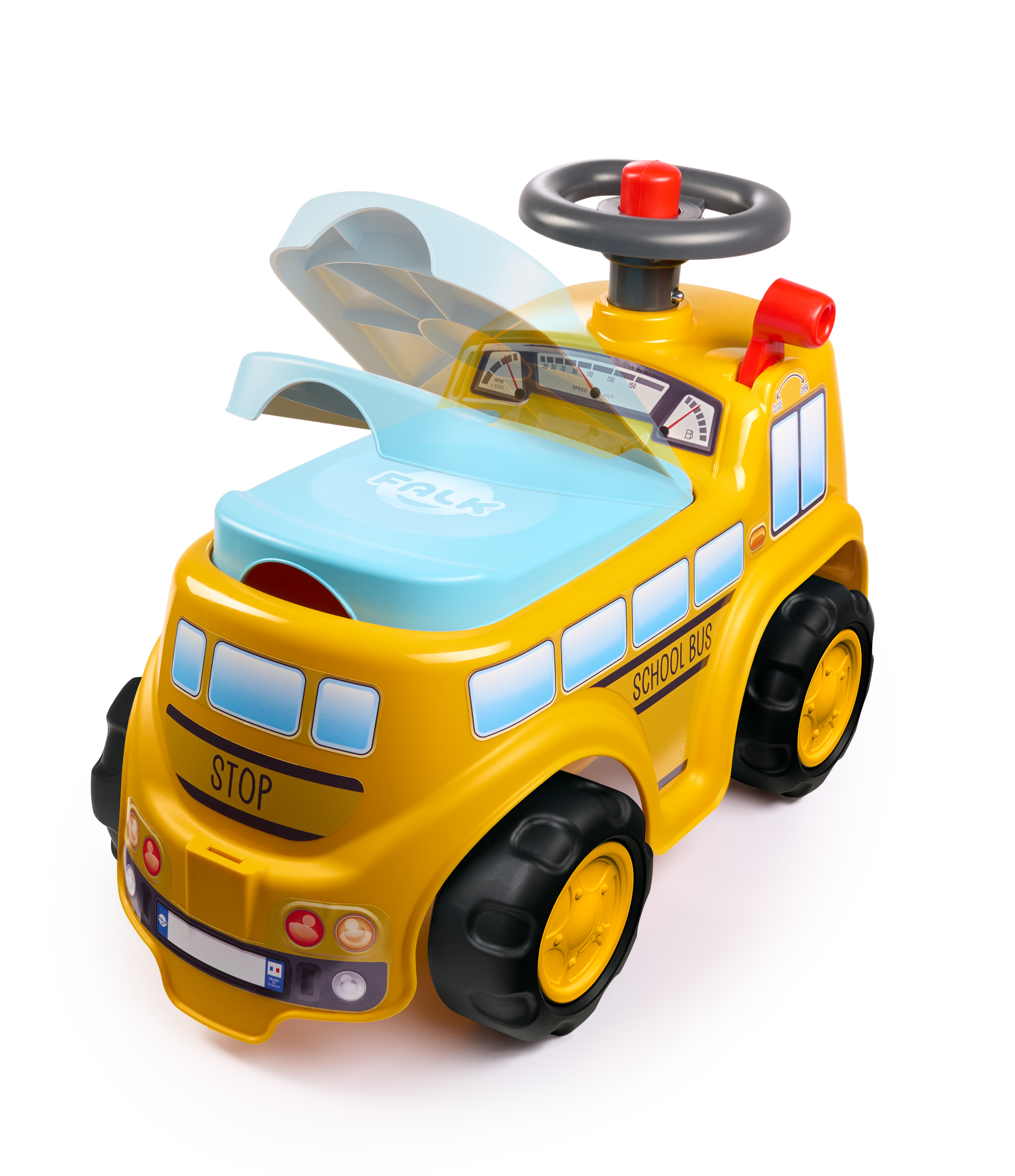 Ein gelber Spielzeugschulbus mit schwarzen Reifen und einem blauen Sitz, mit dem Wort 'STOP' auf der Vorderseite.