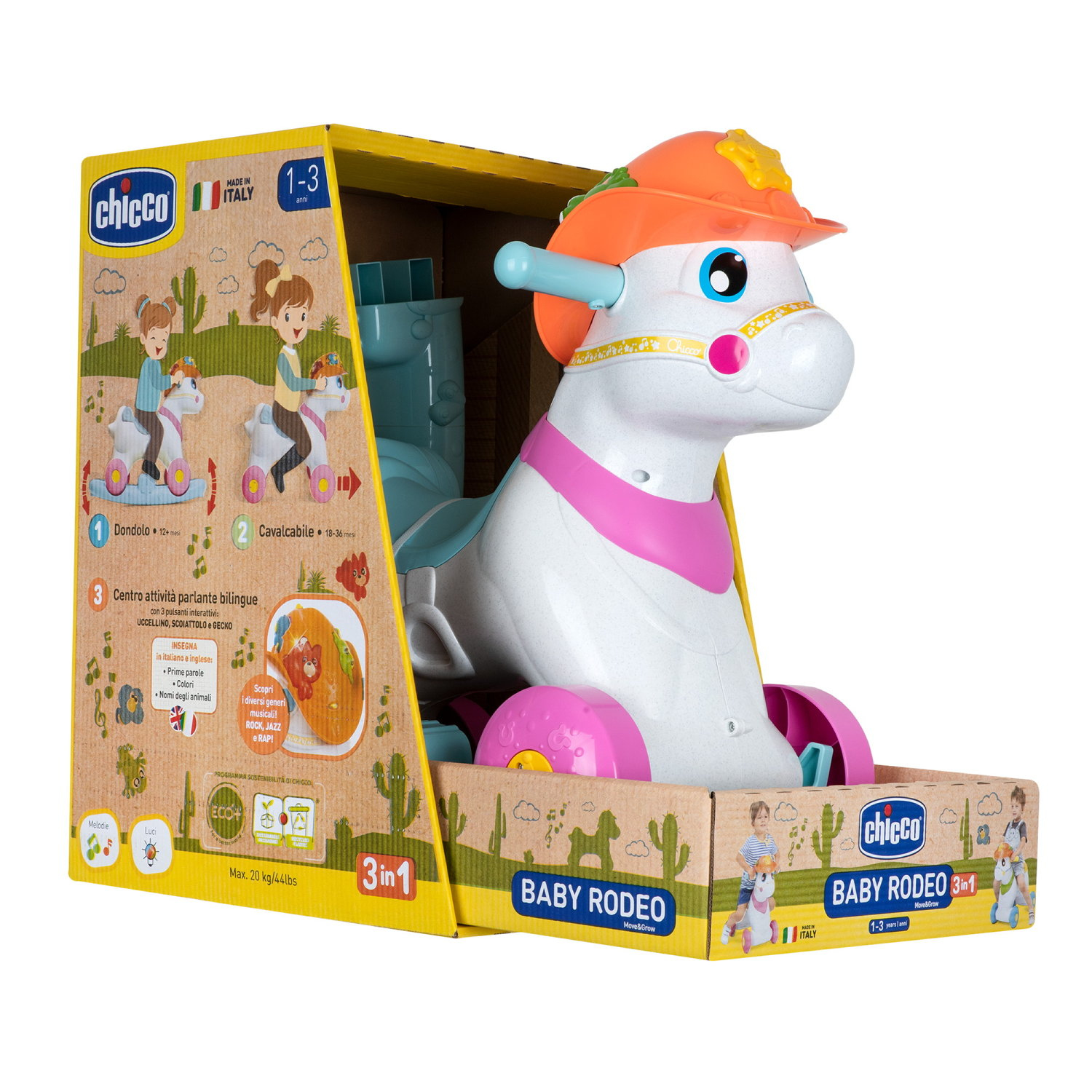 Un cavallo giocattolo bianco e rosa con un cappello arancione è in una scatola. La scatola ha illustrazioni e testo.