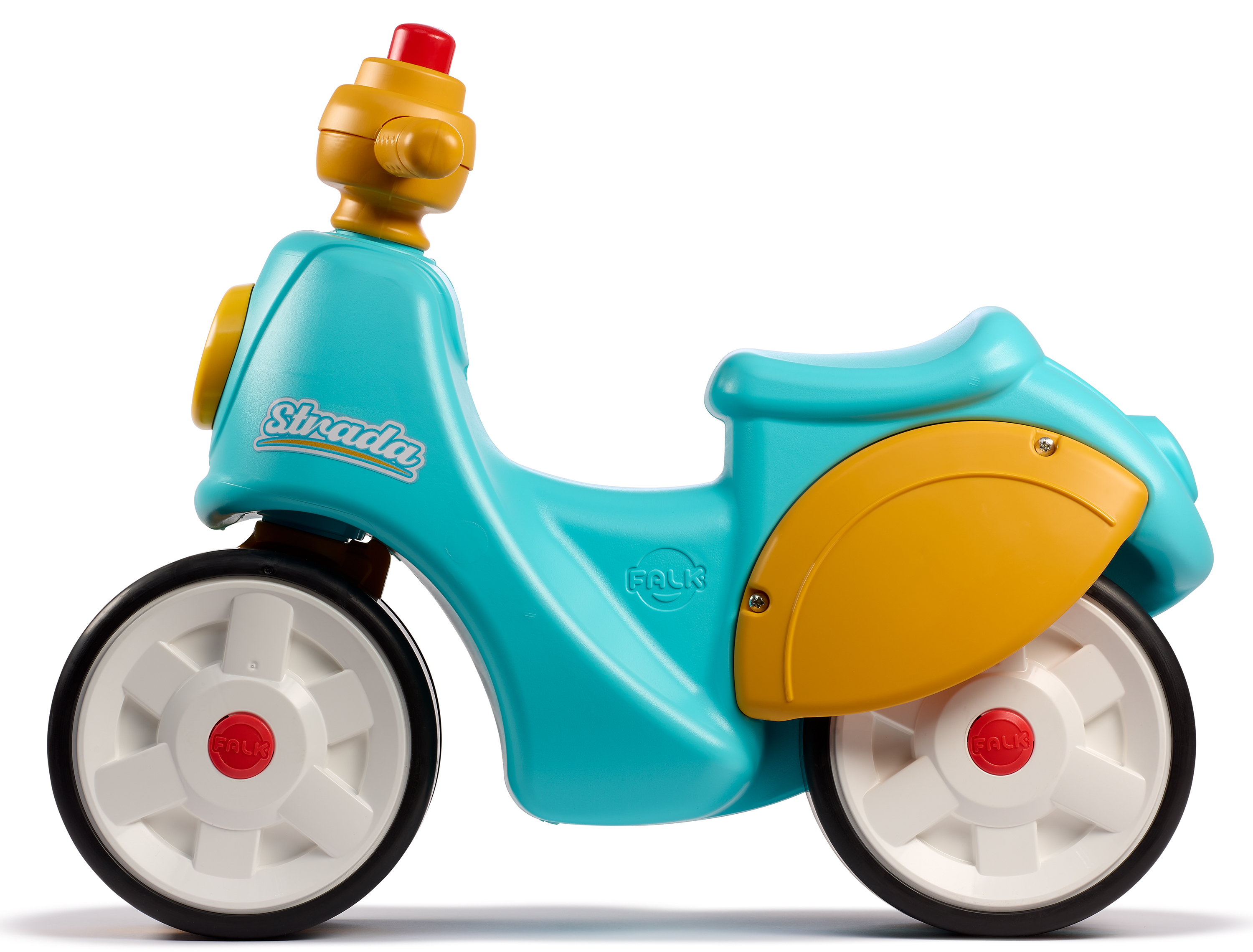Ein blau-gelber Spielzeugroller. Er hat weiße Räder, einen roten Aufsatz und das Wort 'Strada'.