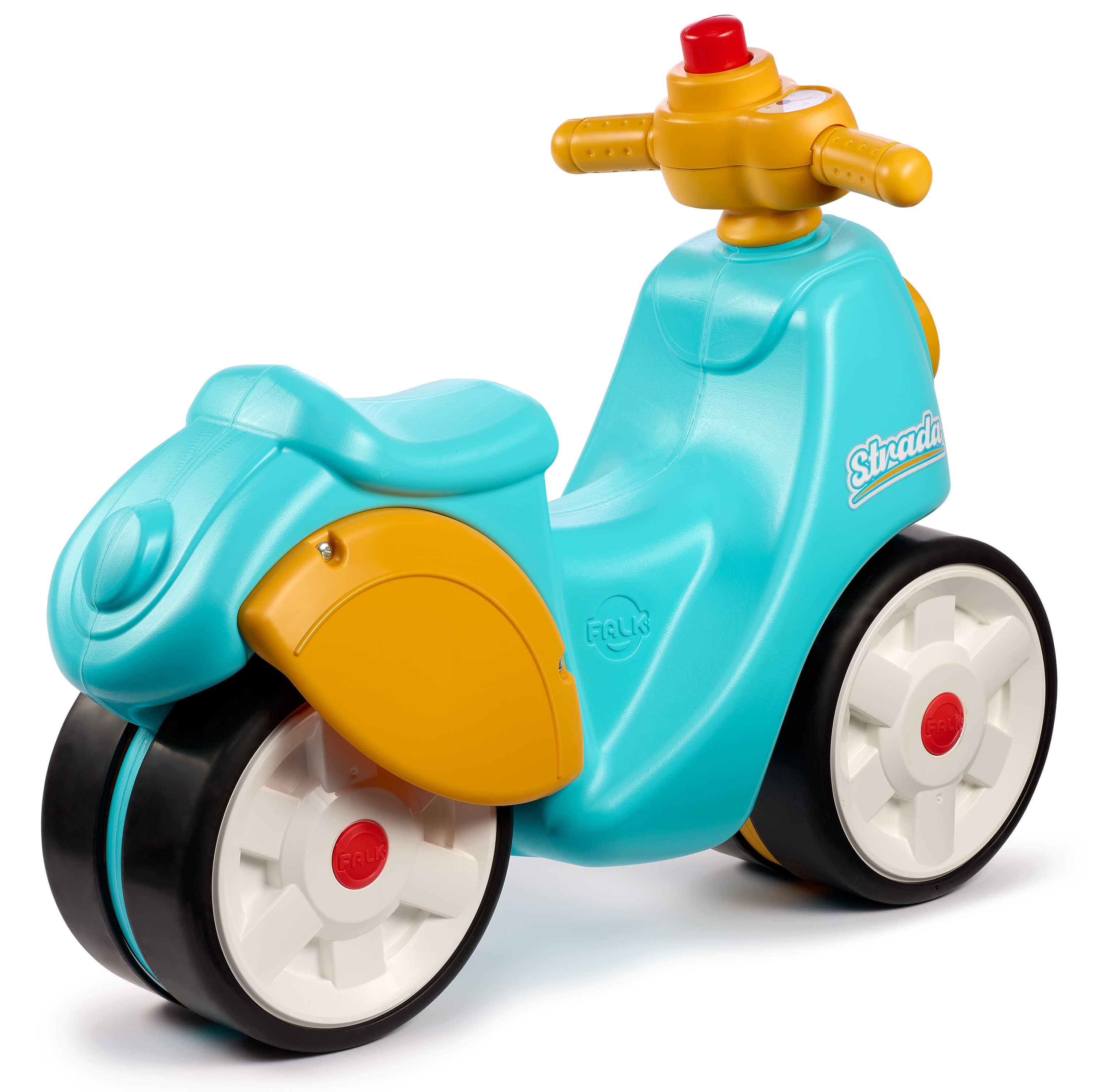 Ein blau-gelbes Spielzeug-Motorroller. Es hat zwei Räder, einen Sitz, einen Lenker und ein rotes Licht. Es steht auf weißem Grund.