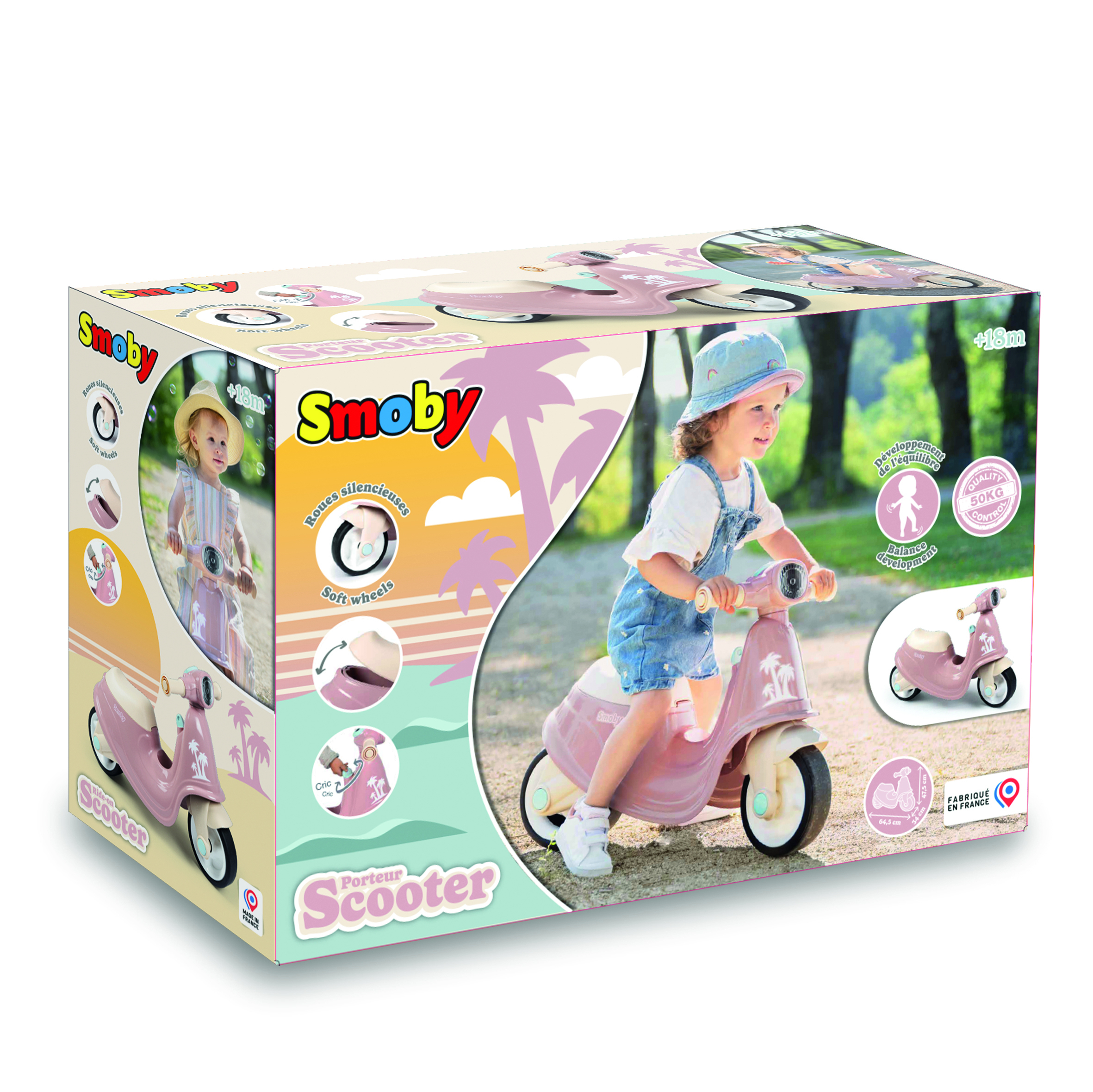 Die Box zeigt einen rosa Roller mit einem Kind, das ihn fährt. Text enthält 'Smoby', 'Scooter' und 'Made in France'.