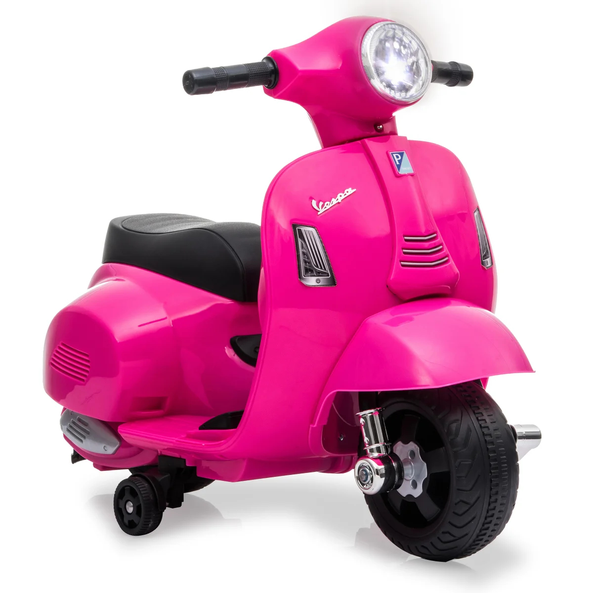 Ein pinkfarbener Vespa-Roller für Kinder. Er hat einen schwarzen Sitz, Lenker, einen Scheinwerfer und kleine Stützräder.