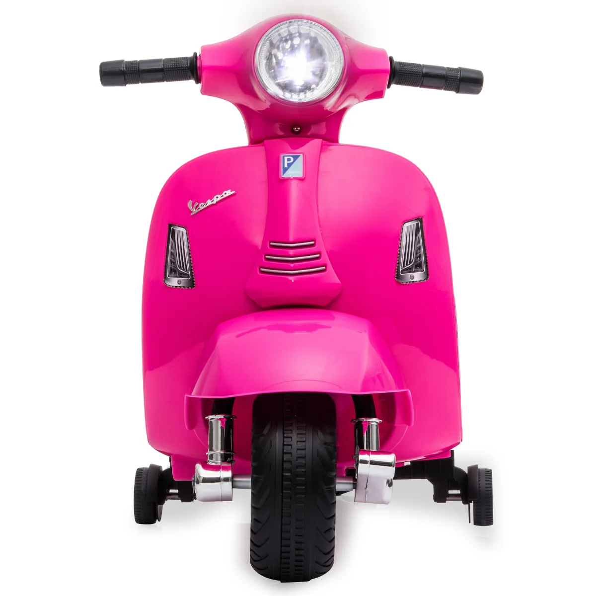 Ein pinkfarbener Spielzeugroller im Vespa-Stil steht vor weißem Hintergrund. Er hat einen Scheinwerfer, Lenker und kleine Stützräder.