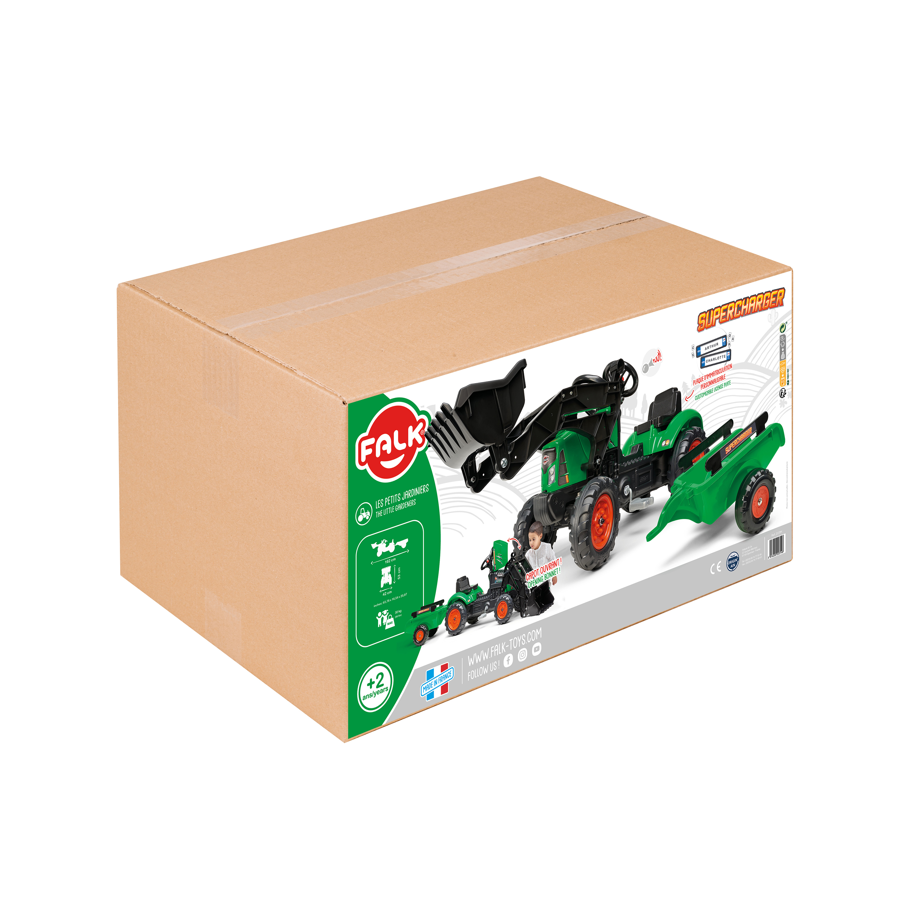 Karton mit einem grünen und schwarzen Spielzeugtraktor, roten Rädern und dem Falk-Logo auf weißem Hintergrund.