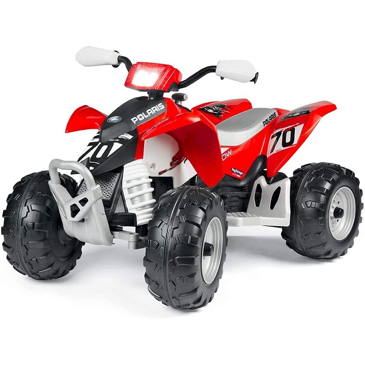 Un giocattolo ATV Polaris rosso e nero con il numero 70, grandi pneumatici neri e manubrio bianco, su sfondo bianco.