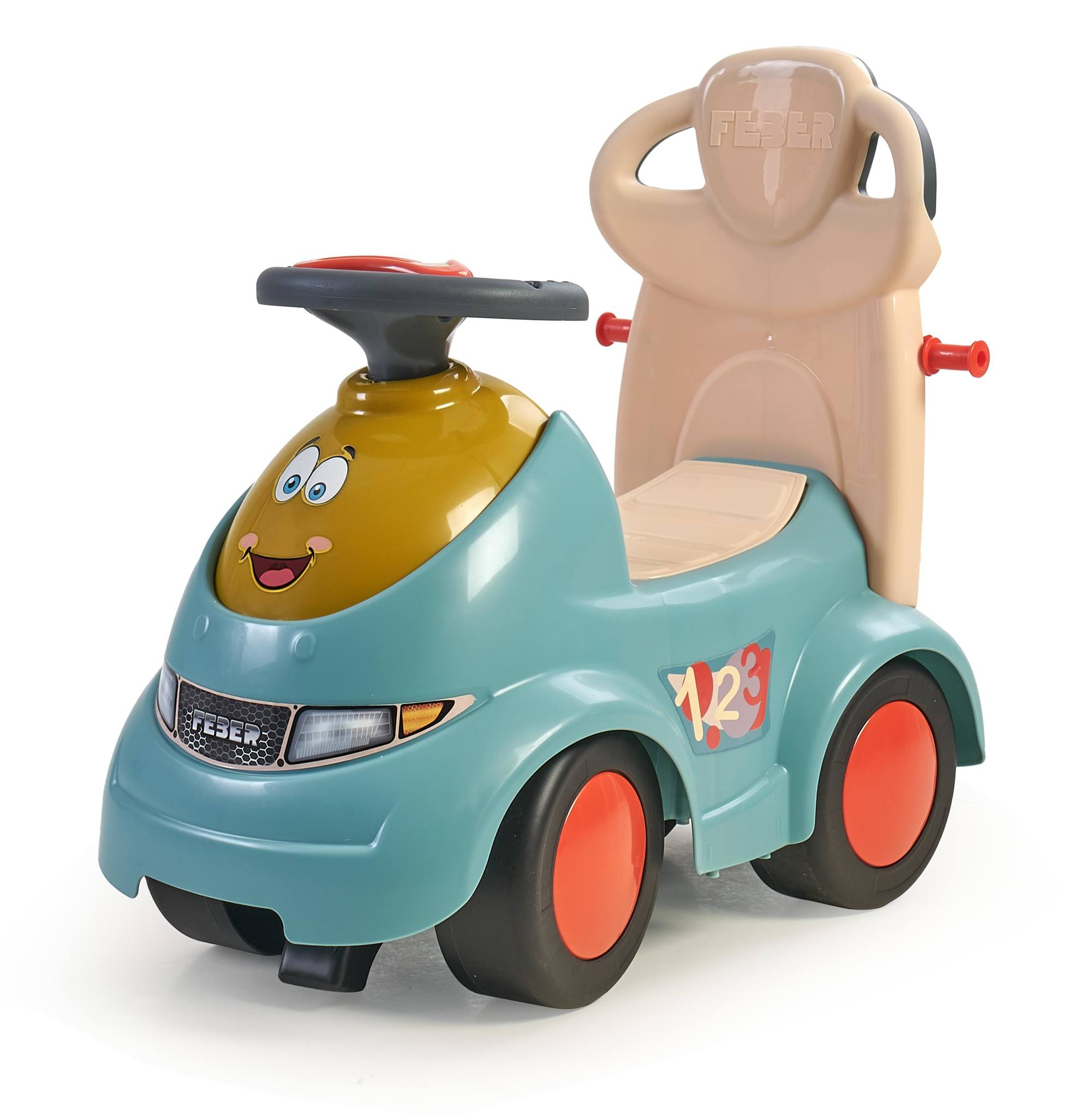 Un'auto giocattolo blu e gialla con una faccia sorridente. Ha ruote rosse e uno schienale beige. Il numero 123 è sul lato.