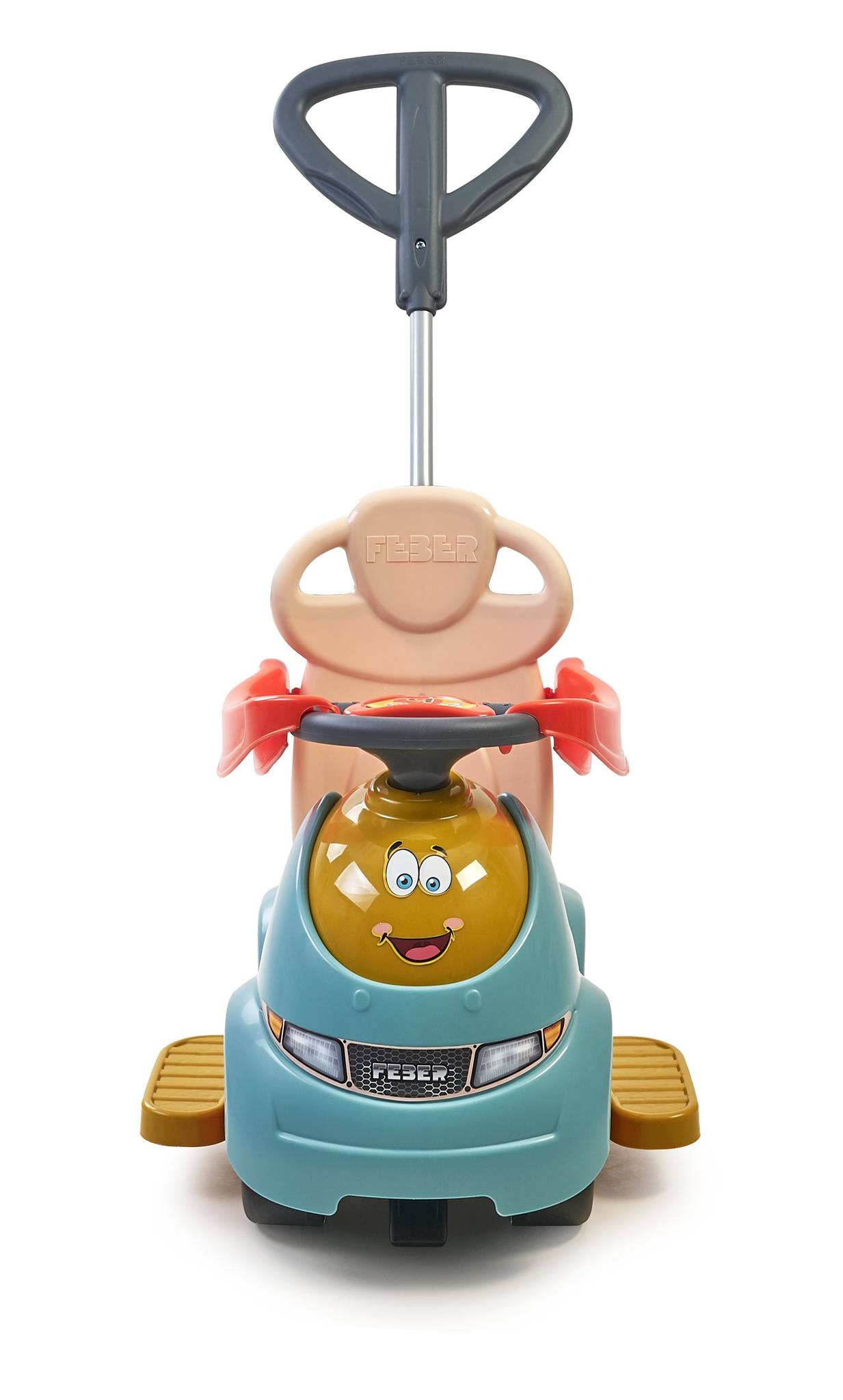Un'auto giocattolo blu e gialla con una faccia sorridente. Ha un manico e poggiapiedi.