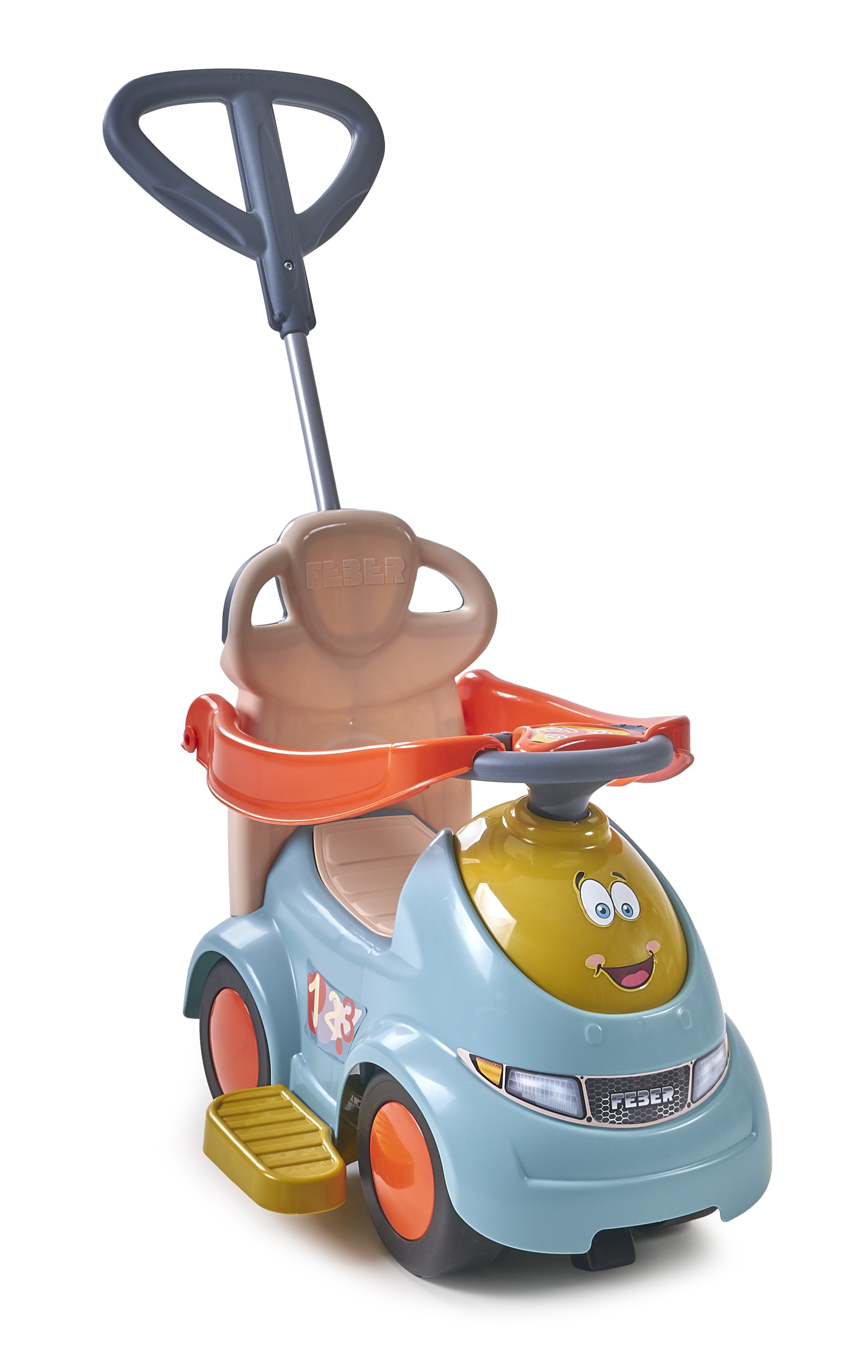 Un'auto giocattolo blu e gialla con un volto sorridente, ruote arancioni e un manico per spingere.