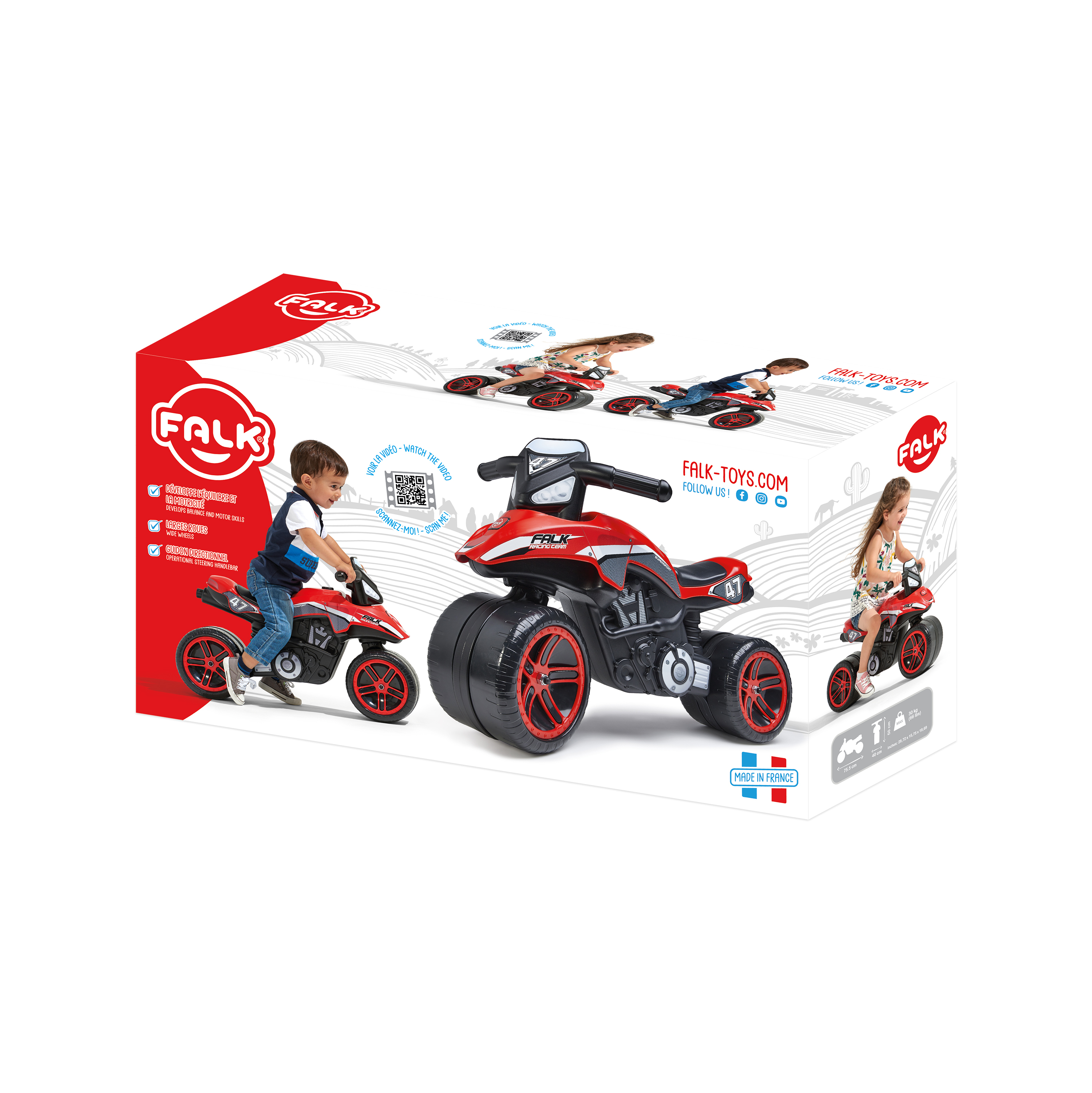 Die Box zeigt Kinder auf roten Spielzeugmotorrädern. Die Marke ist Falk. Enthält das Label Made in France.