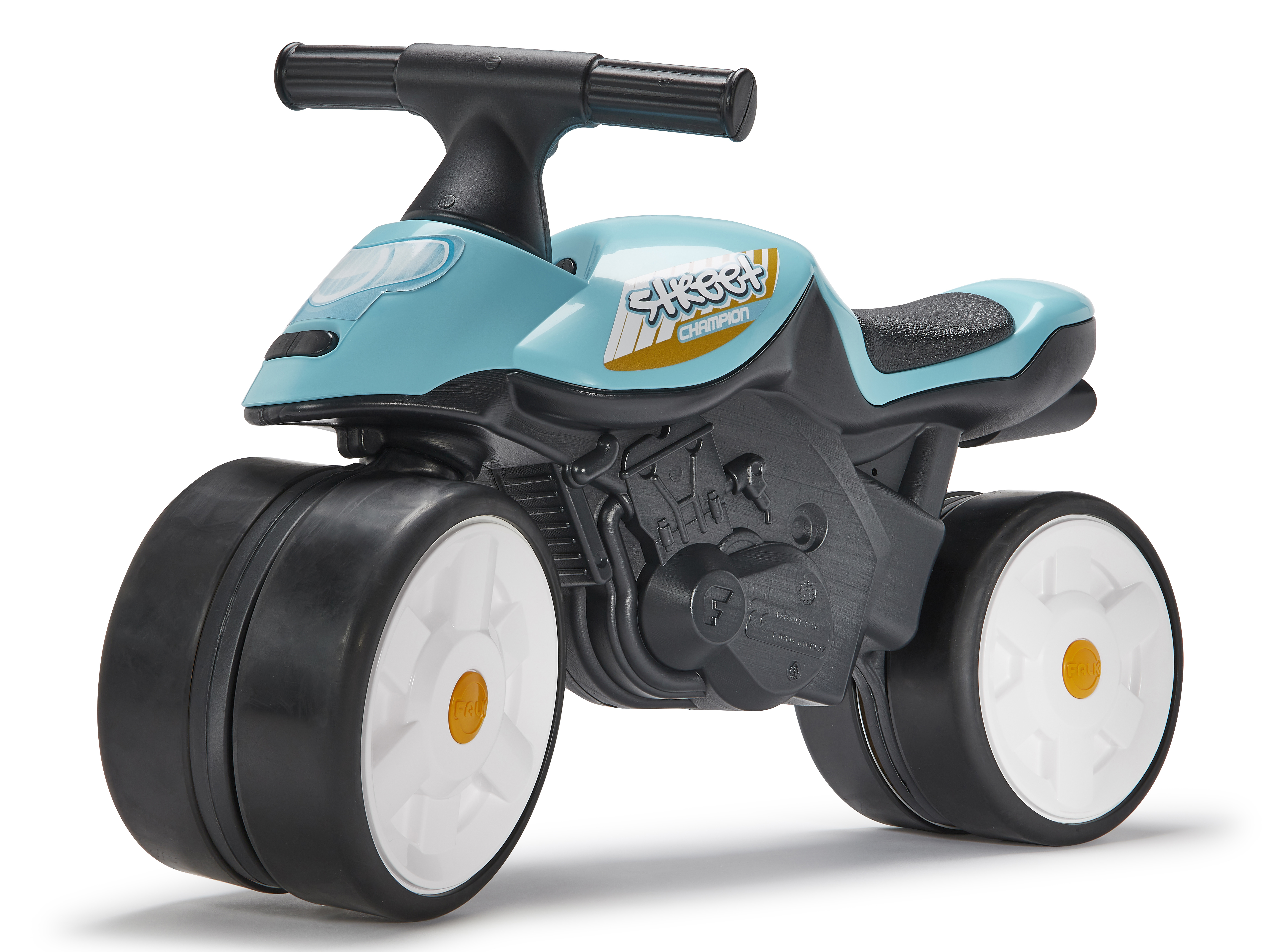Una moto giocattolo blu e nera con ruote grandi. Ha le parole 'Street Champion'.