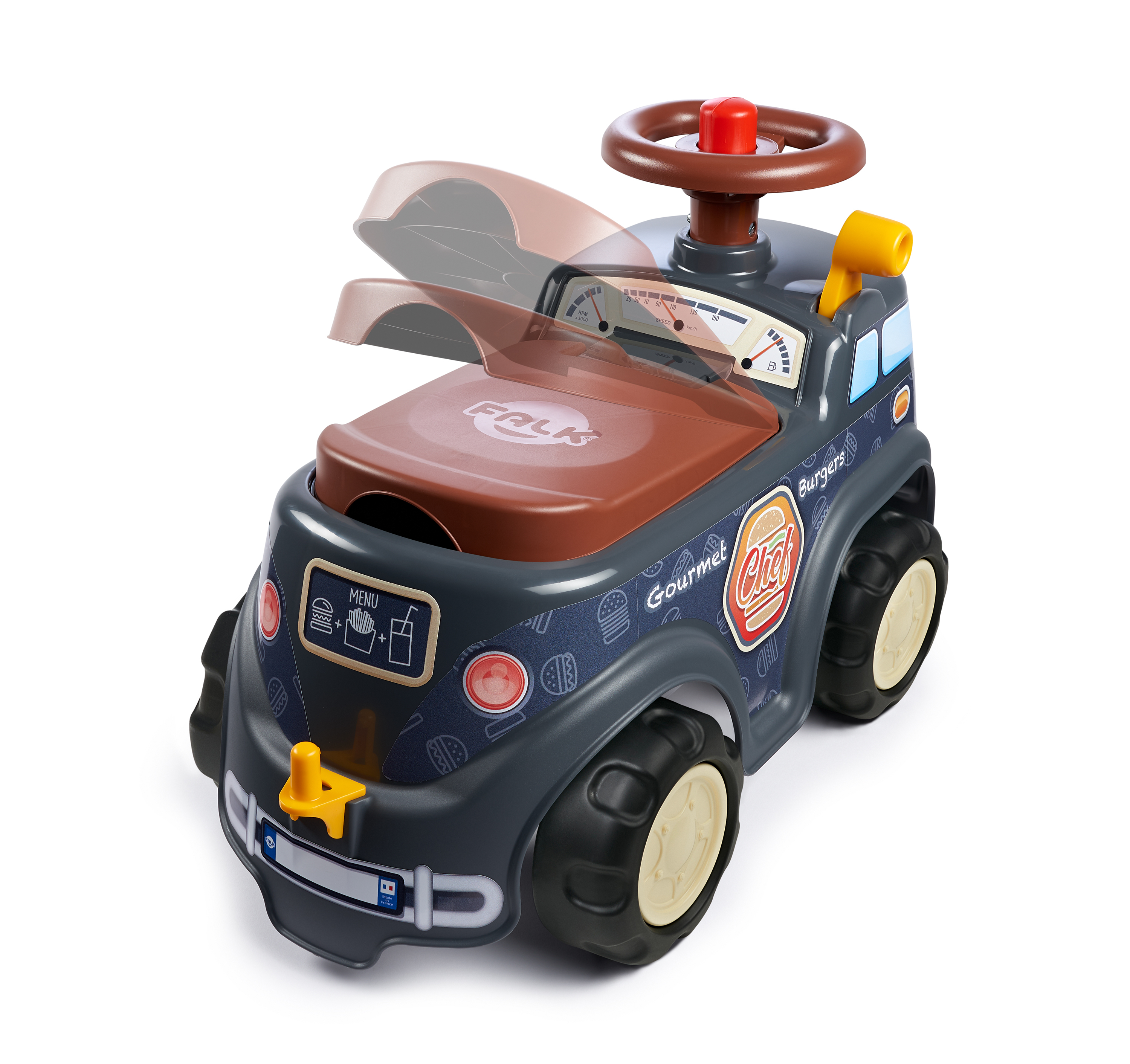 Graues Spielzeugauto mit braunem Sitz und Lenkrad, gelben Details und schwarzen Rädern. Es hat ein Burger-Thema.
