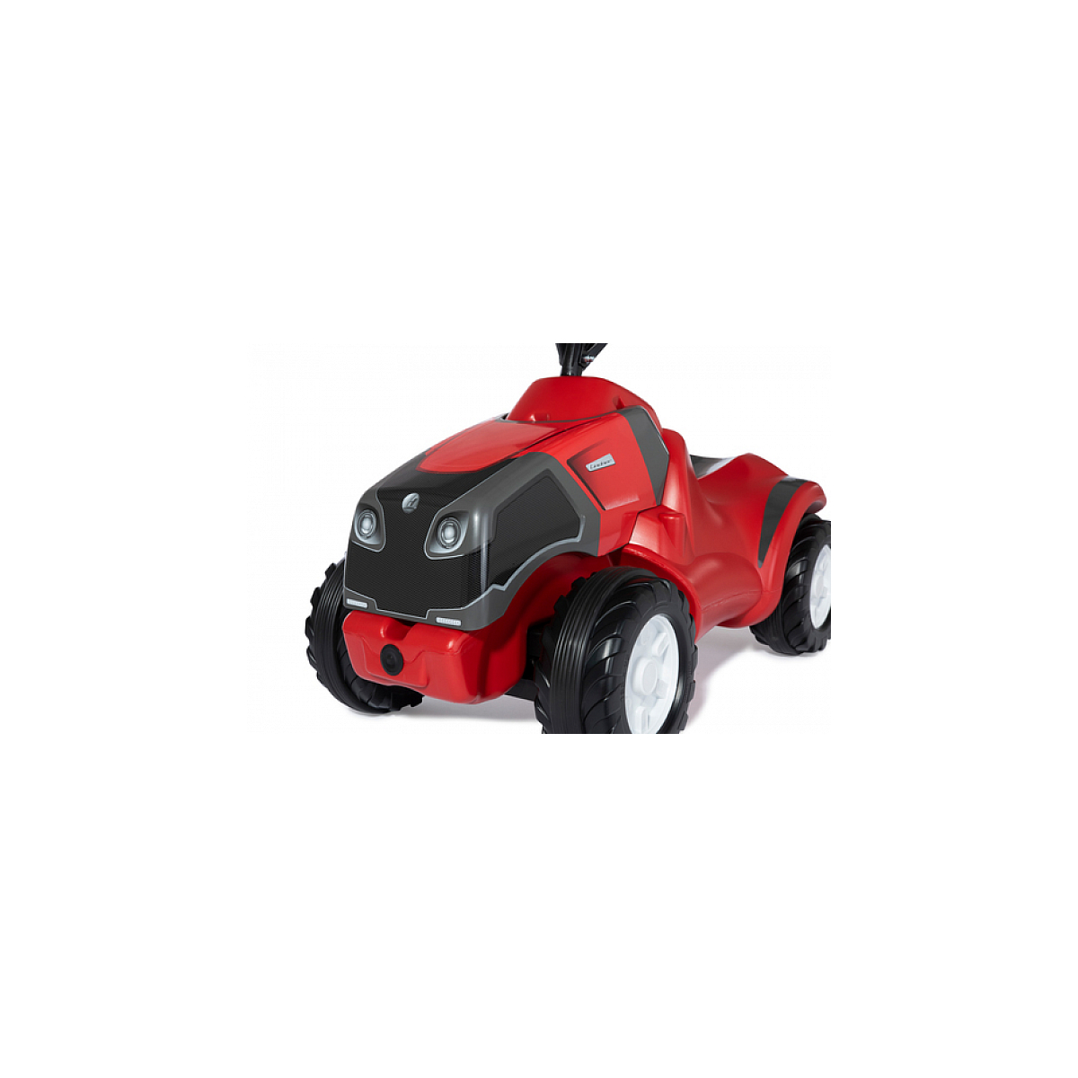Un tractor de juguete rojo con detalles en negro y gris, ruedas blancas y neumáticos negros grandes, sobre fondo blanco.