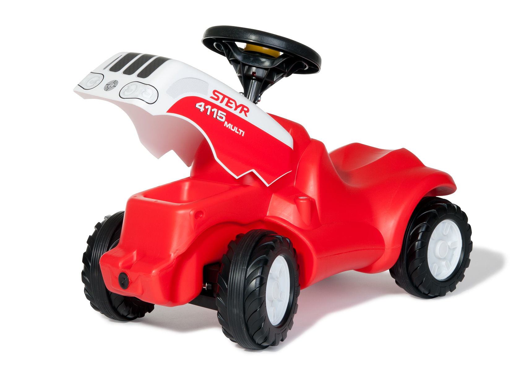 Un coche de juguete rojo con neumáticos negros y capó blanco. Tiene volante negro y el nombre 'STEYR'.