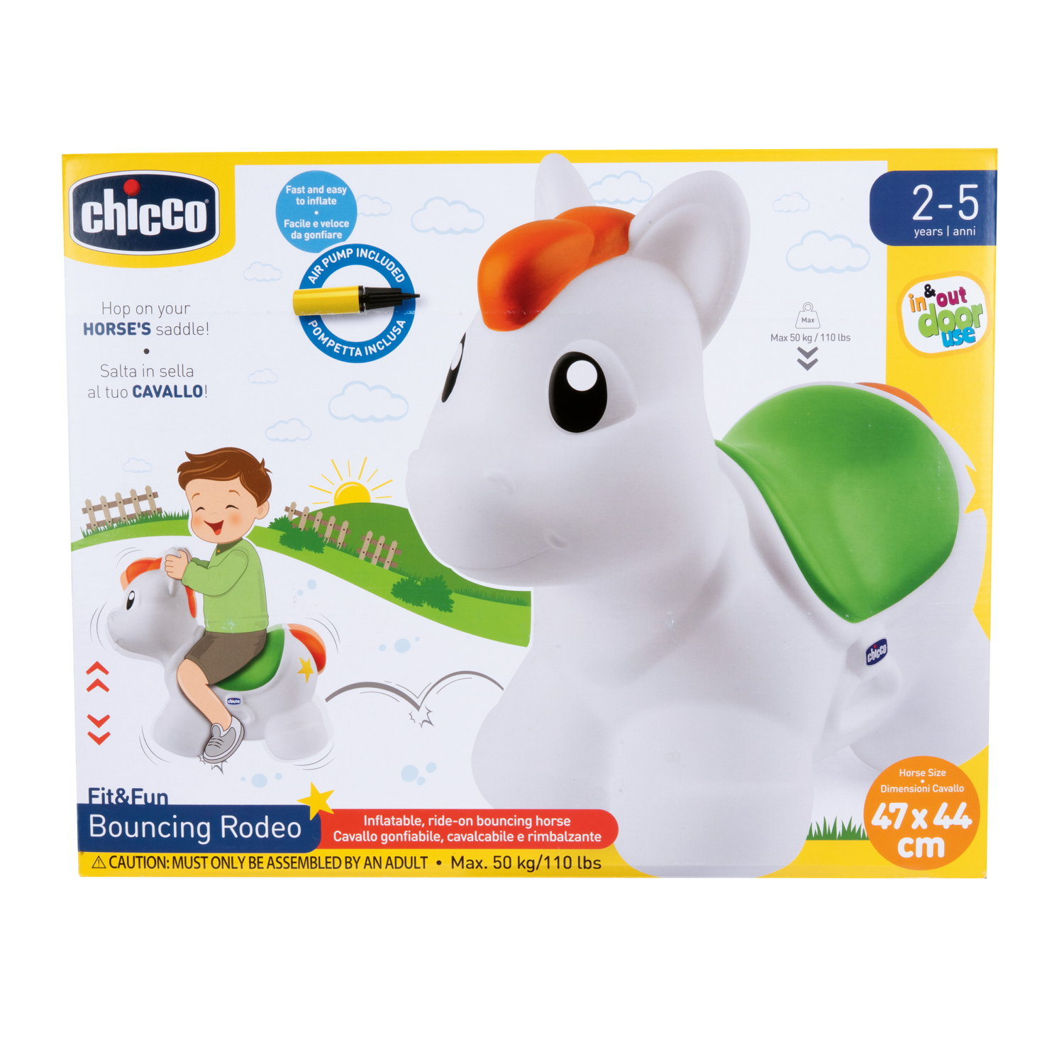 Un giocattolo a forma di cavallo gonfiabile bianco e verde con criniera arancione e un bambino che lo cavalca. Il testo include 'Bouncing Rodeo'.