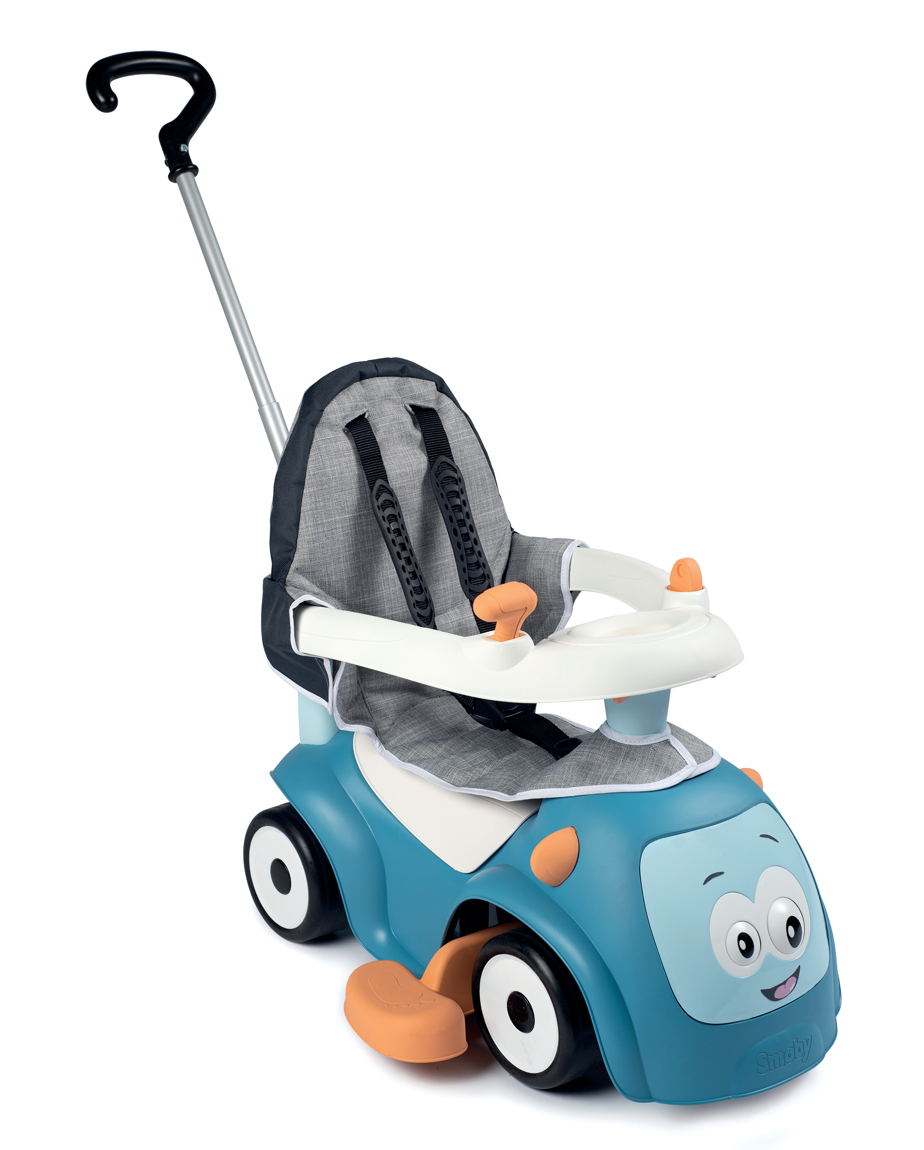 Ein blau-weißes Spielzeugauto mit Griff. Es hat einen Sitz, ein Lenkrad und ein lächelndes Gesicht.