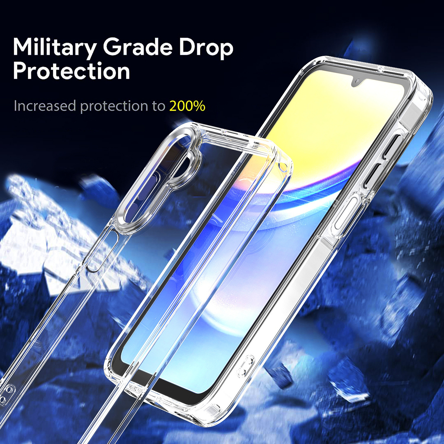Transparente Handyhülle, die ein Smartphone schützt. Der Text lautet 'Military Grade Drop Protection'. Im Hintergrund blaue, abstrakte Formen.
