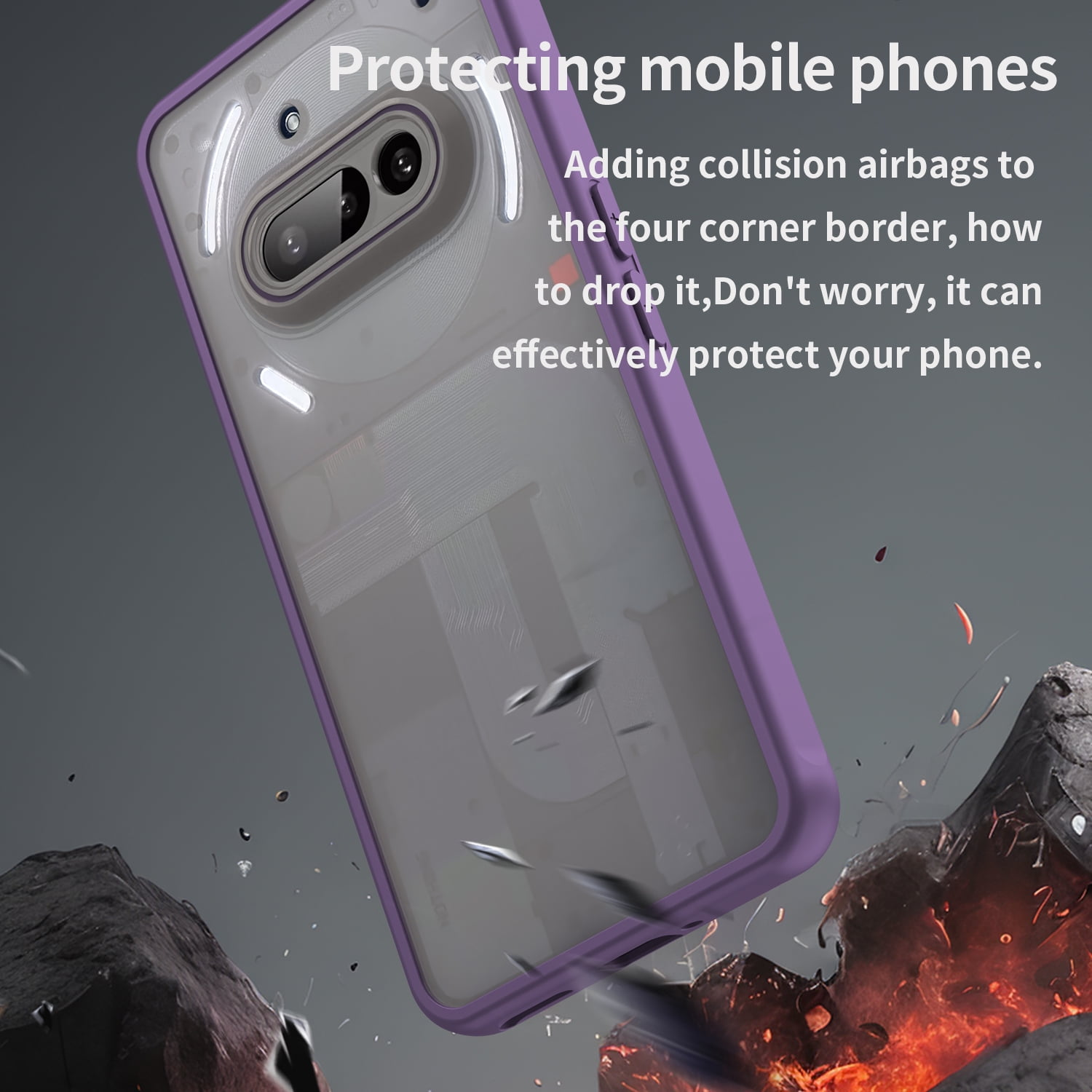 Ein Telefon in einer lila Hülle scheint zu fallen, mit Texten, die seine Schutzeigenschaften angeben. Hintergrund hat abstrakte Elemente.