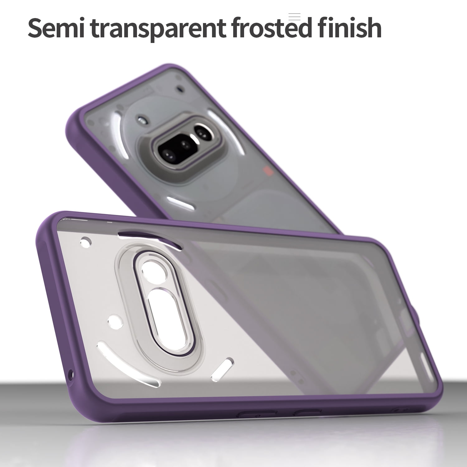 Zwei transparente Handyhüllen mit lila Rändern. Eine liegt auf der anderen und zeigt das Design. Mattes Finish ist sichtbar.