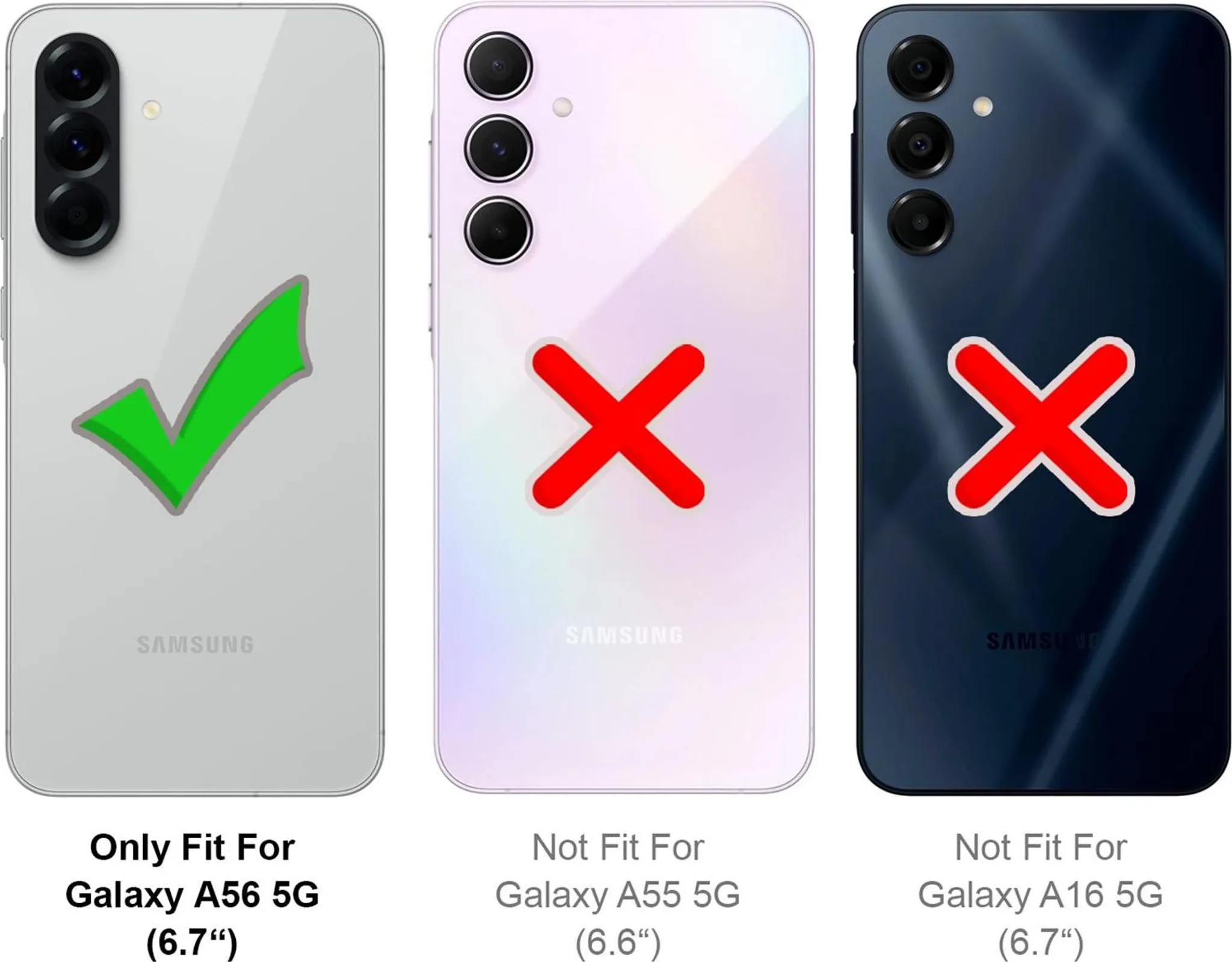 Drei Telefonrückseiten mit Häkchen und X-Markierungen. Text zeigt Passform für verschiedene Galaxy-Modelle.