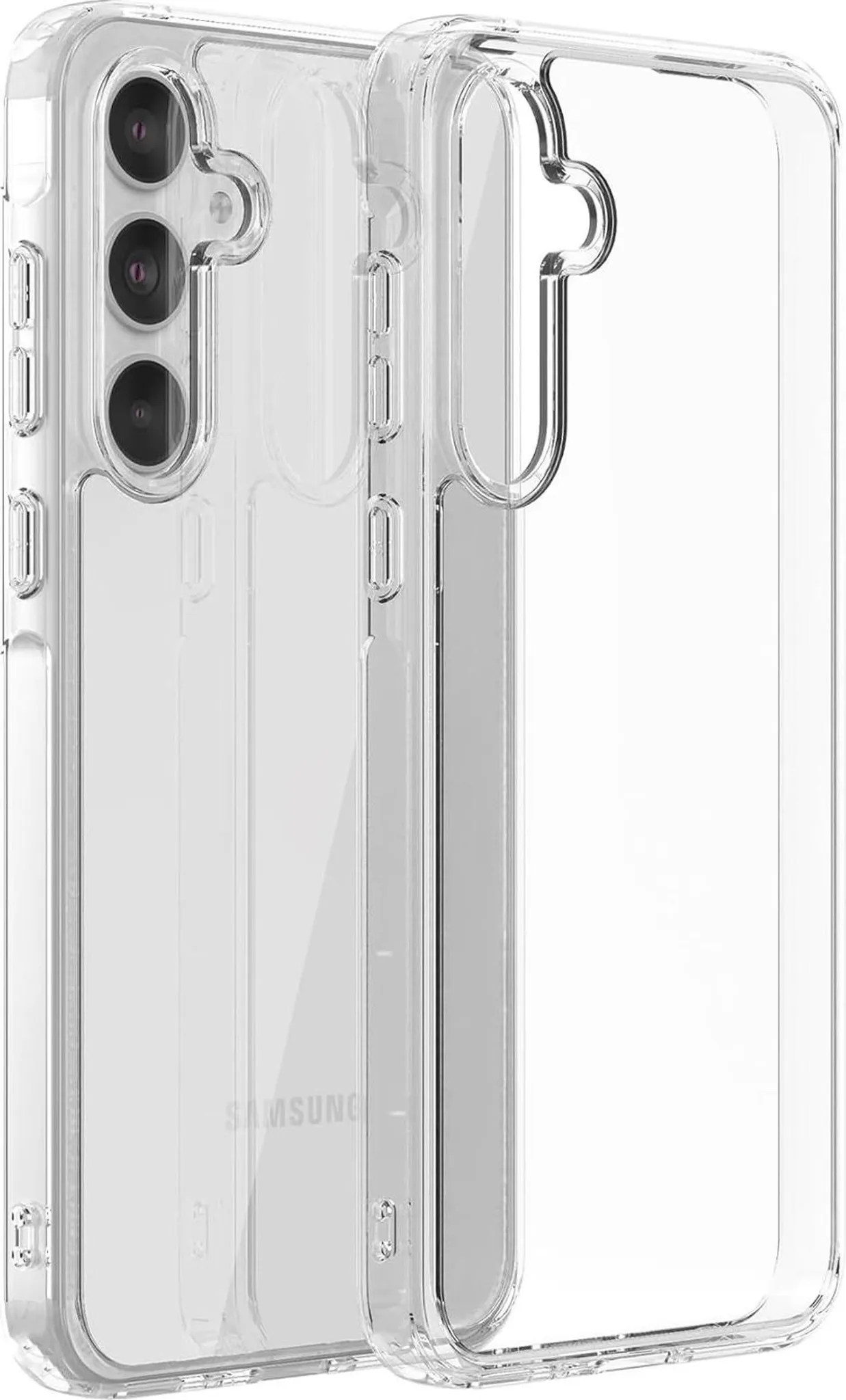 Eine transparente Handyhülle. Sie hat einen dreifachen Kameraausschnitt und das SAMSUNG-Logo.