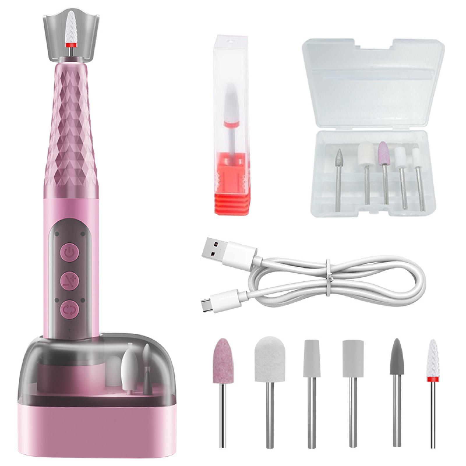 Rosa Nagelfräser mit Aufsätzen, USB-Kabel und einer Box mit Bohreraufsätzen. Der Bohrer hat Knöpfe und einen transparenten Sockel.