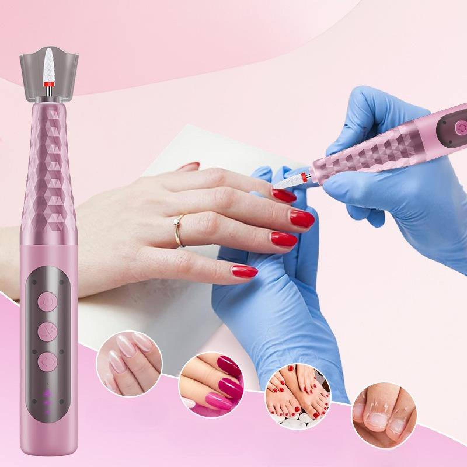 Ein rosa Nagelfräser wird an einer Hand mit roten Nägeln verwendet. Eine behandschuhte Hand hält den Bohrer. Nagelkunstbeispiele sind in Kreisen.