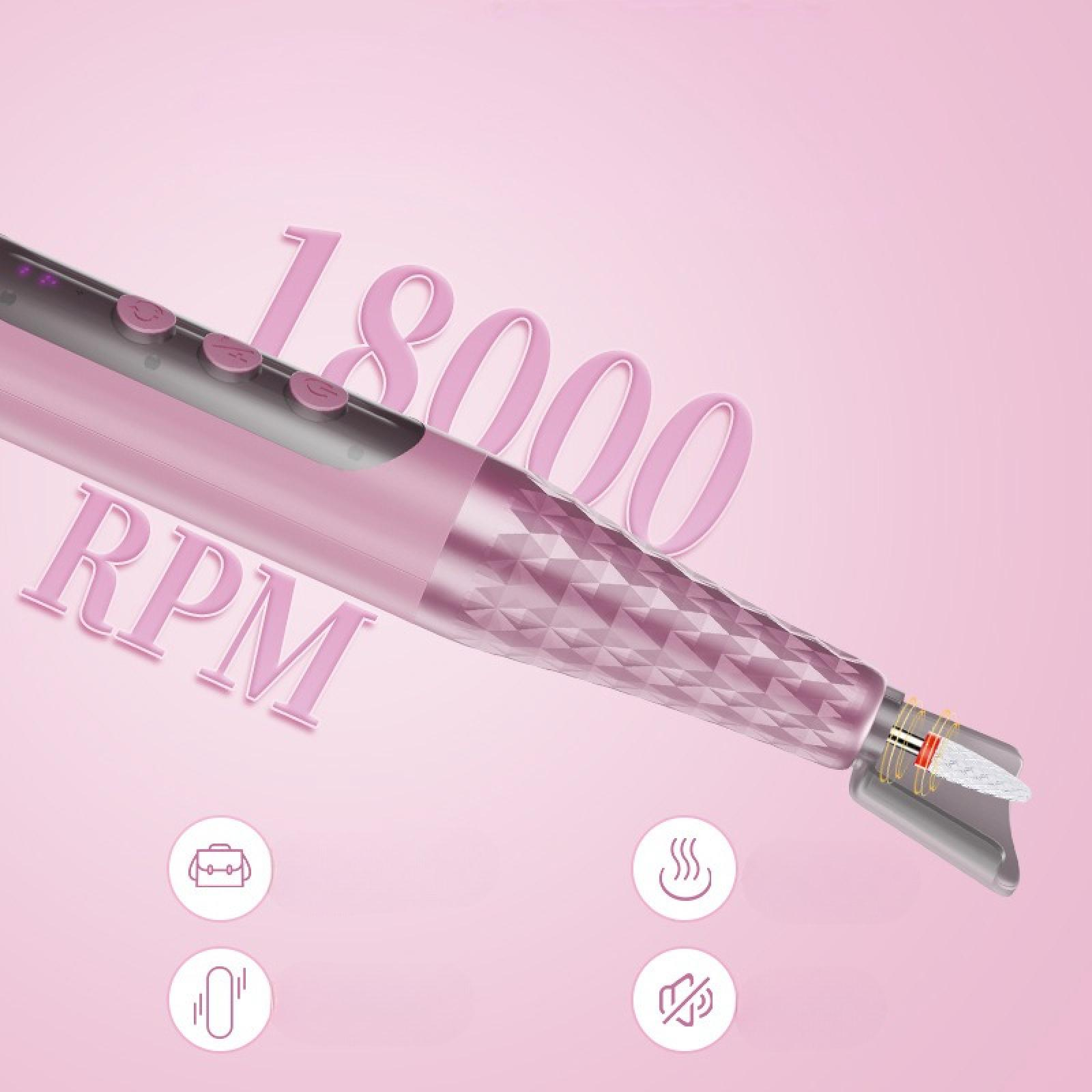 Ein pinkfarbener Nagelbohrer mit dem Text '18000 RPM'. Symbole für eine Tasche, Wärme, Stille und Geschwindigkeitseinstellungen sind vorhanden.