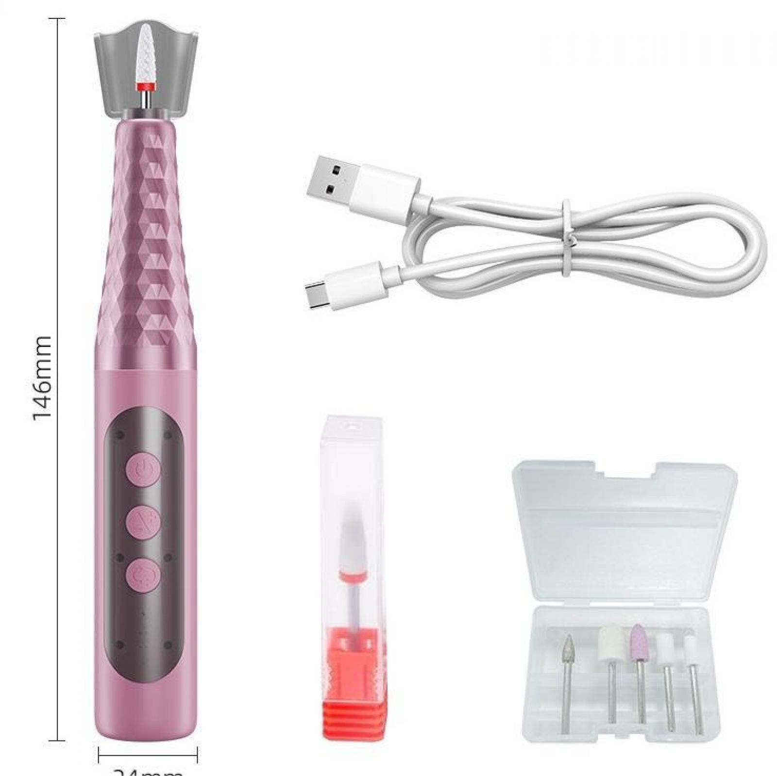 Rosa Nagelfräser, weißes USB-Kabel und verschiedene Nagelfräser-Aufsätze werden angezeigt. Der Bohrer ist 146 mm lang.