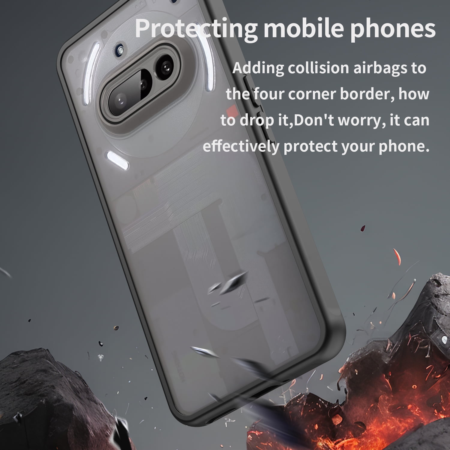 Gezeigt wird eine Handyhülle mit einem Telefon darin. Die Hülle ist schwarz und grau. Der Hintergrund zeigt Trümmer und Flammen.