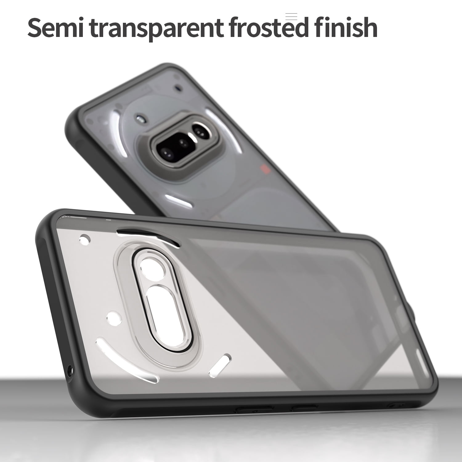 Zwei transparente Handyhüllen, eine über der anderen, mit schwarzen Rändern. Die Hüllen liegen auf einer weißen Oberfläche.
