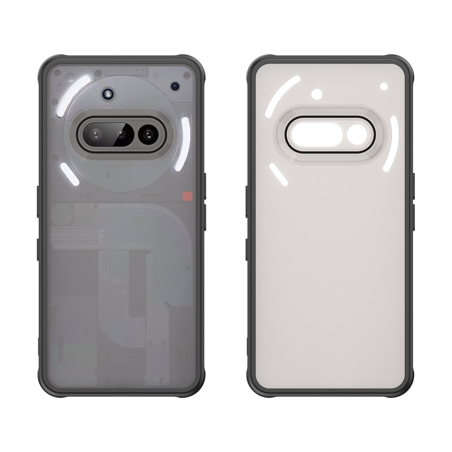 Zwei Telefone, eines zeigt interne Komponenten, das andere hat eine weiße Rückseite. Beide haben schwarze Rahmen und ein transparentes Design.