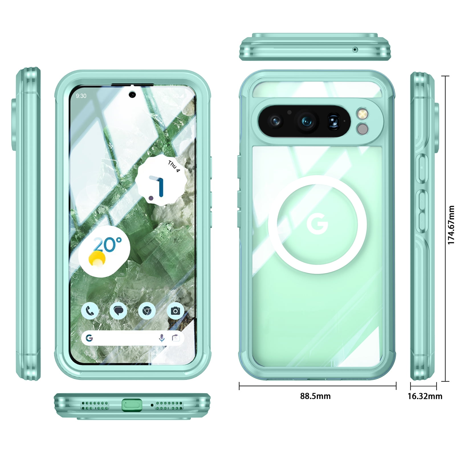 Gezeigte mintgrüne Handyhülle mit Telefon. Abmessungen werden angezeigt. Das Telefon zeigt Uhrzeit und Datum an.