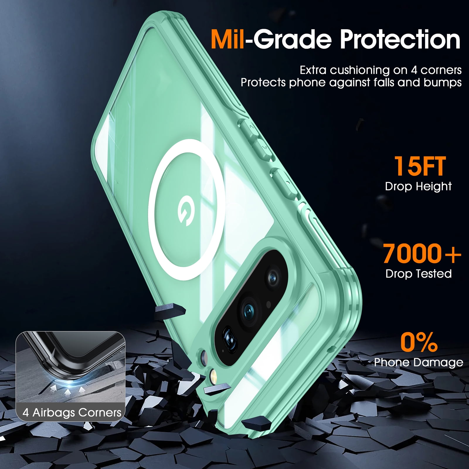 Gezeigte Telefonhülle mit Telefon. Es hat Text, der besagt 'Mil-Grade Protection' und '15FT Drop Height'.