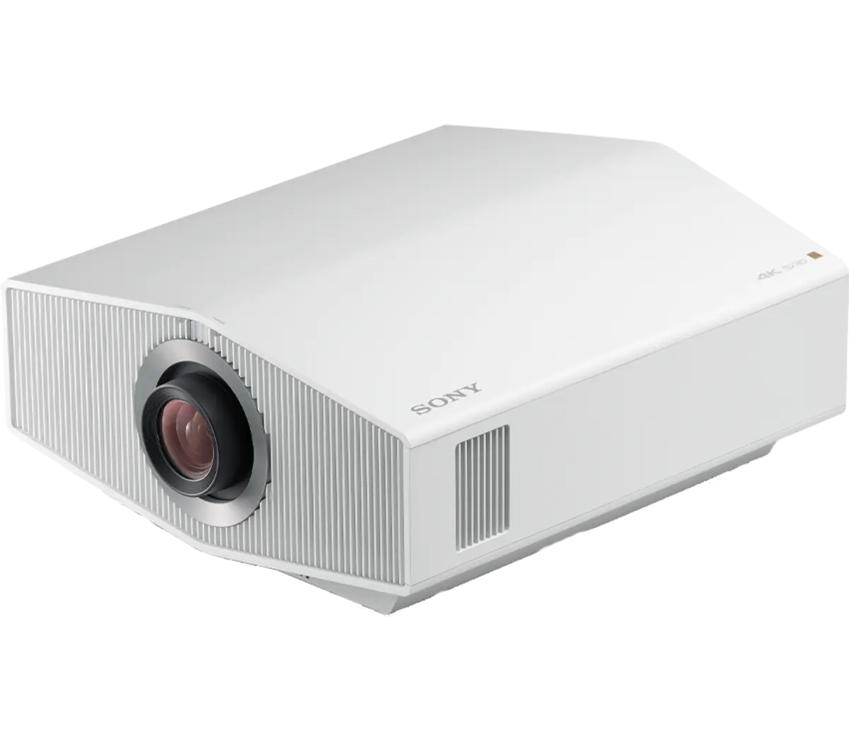 Ein weißer Sony 4K-Projektor. Er hat eine Linse, das Sony-Logo und ein 4K-Label. Die Front hat ein geripptes Design.