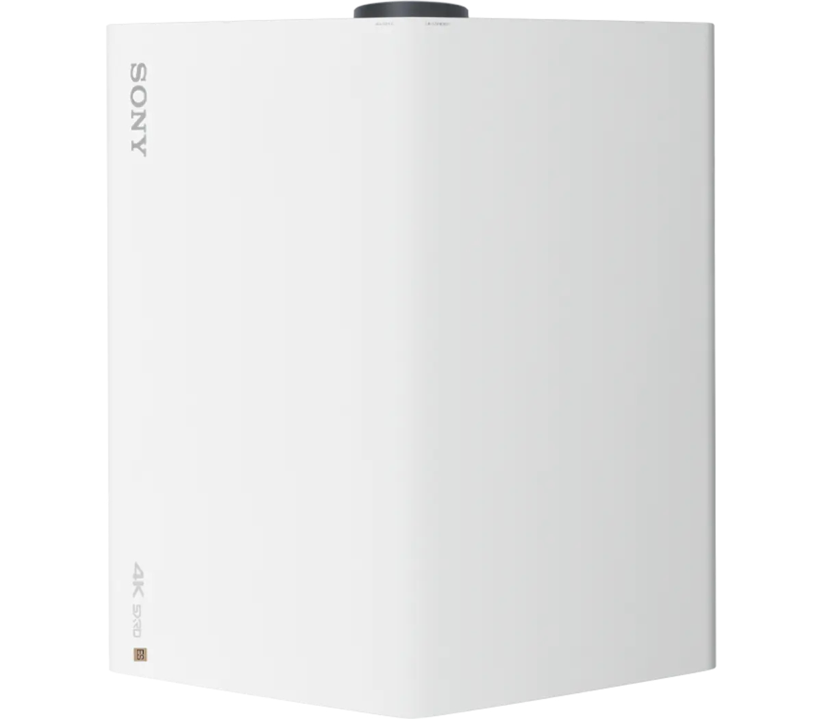 Ein weißer Sony 4K SXRD-Projektor. Sony-Logo auf der Seite. 4K SXRD-Text und ein kleines quadratisches Logo sind ebenfalls sichtbar.