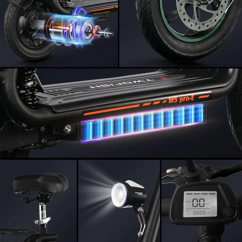 Części skutera elektrycznego. Szczegóły akumulatora, silnika, koła i wyświetlacza. Czarne i pomarańczowe akcenty. Prędkościomierz 00 km/h.