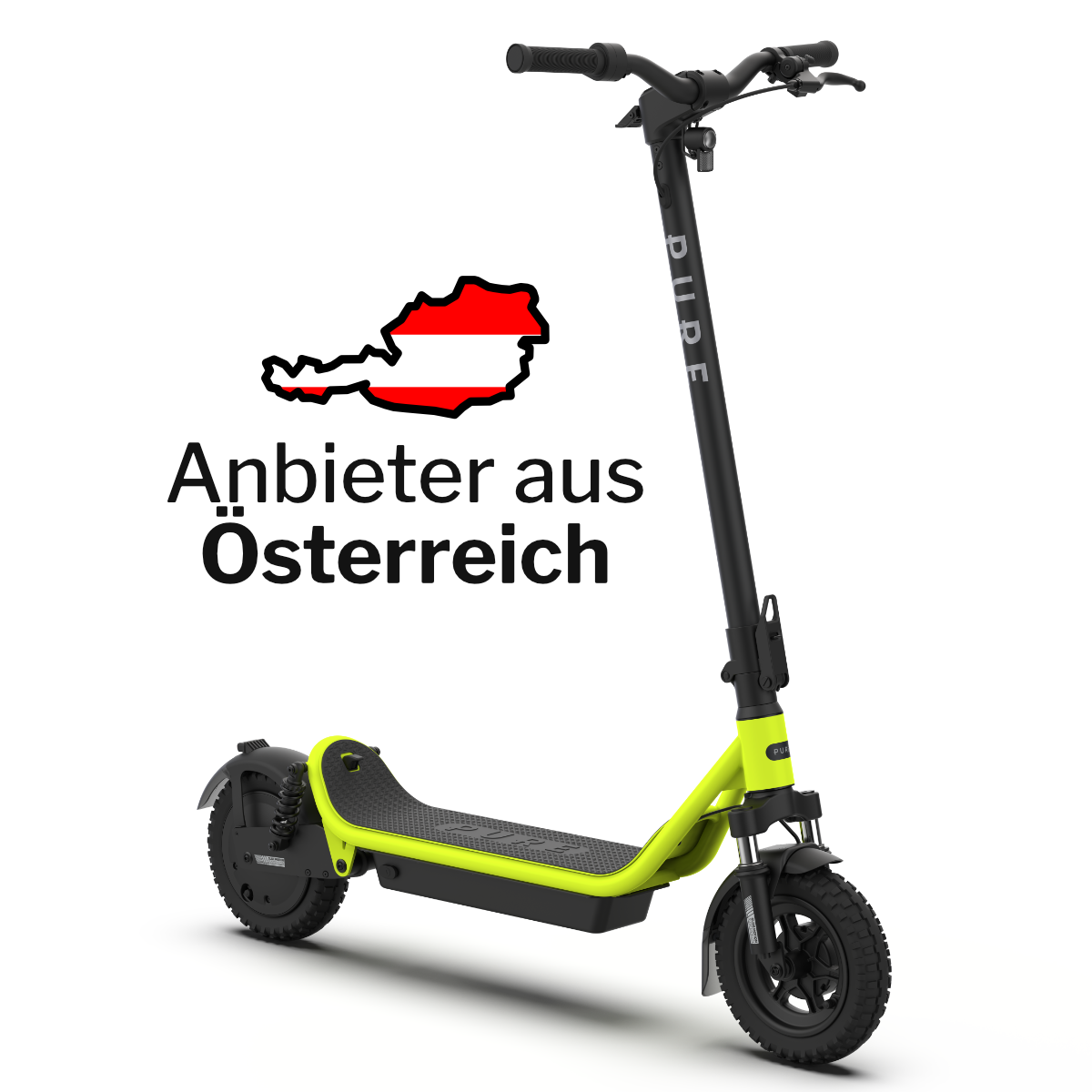 Elektroroller mit gelbem Rahmen und schwarzen Details. Im Hintergrund eine österreichische Flagge mit Text.