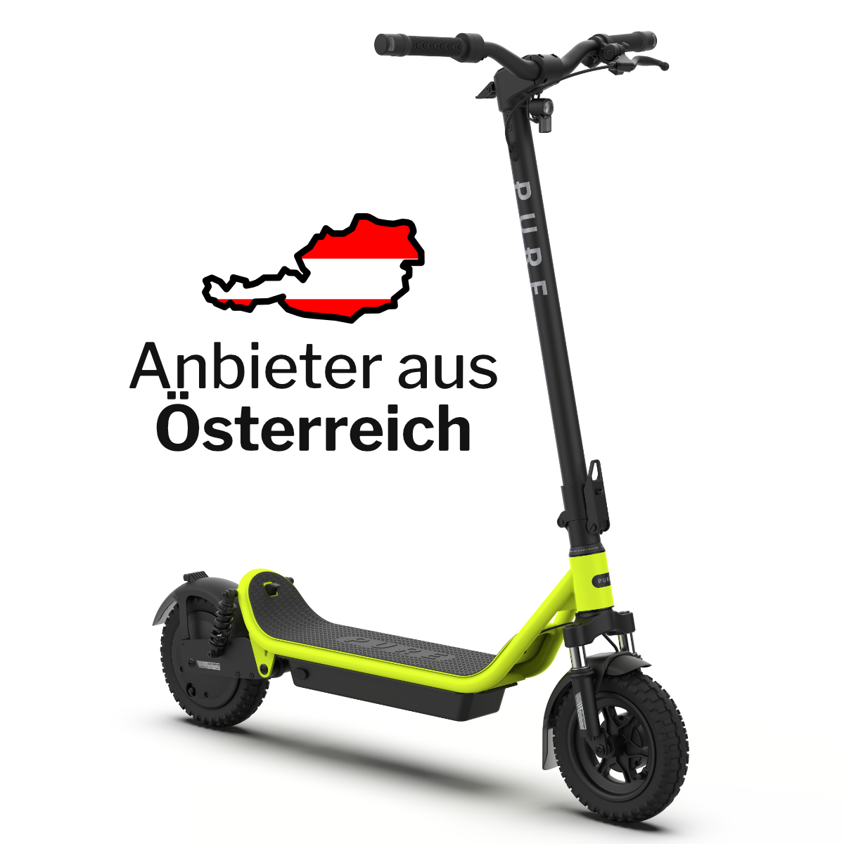Ein Elektroroller mit schwarzem Rahmen und limettengrünen Akzenten, das Wort 'DUDE' auf dem Schaft. Eine österreichische Flagge auf einem weißen Schild.