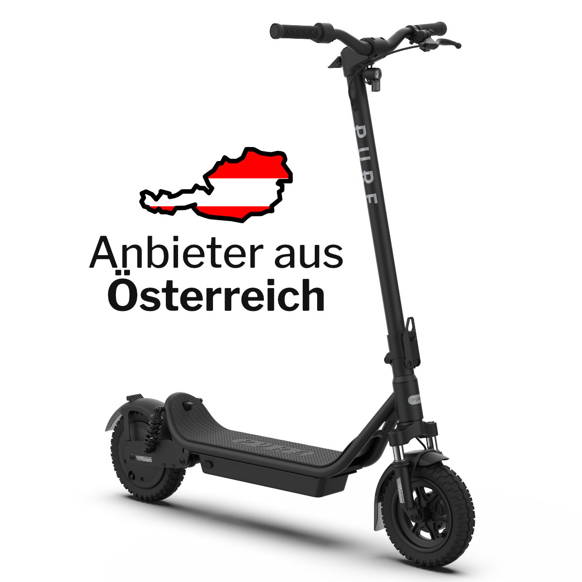 Ein schwarzer Elektroroller mit einem weißen Schild mit der österreichischen Flagge und dem Text 'Anbieter aus Österreich'.