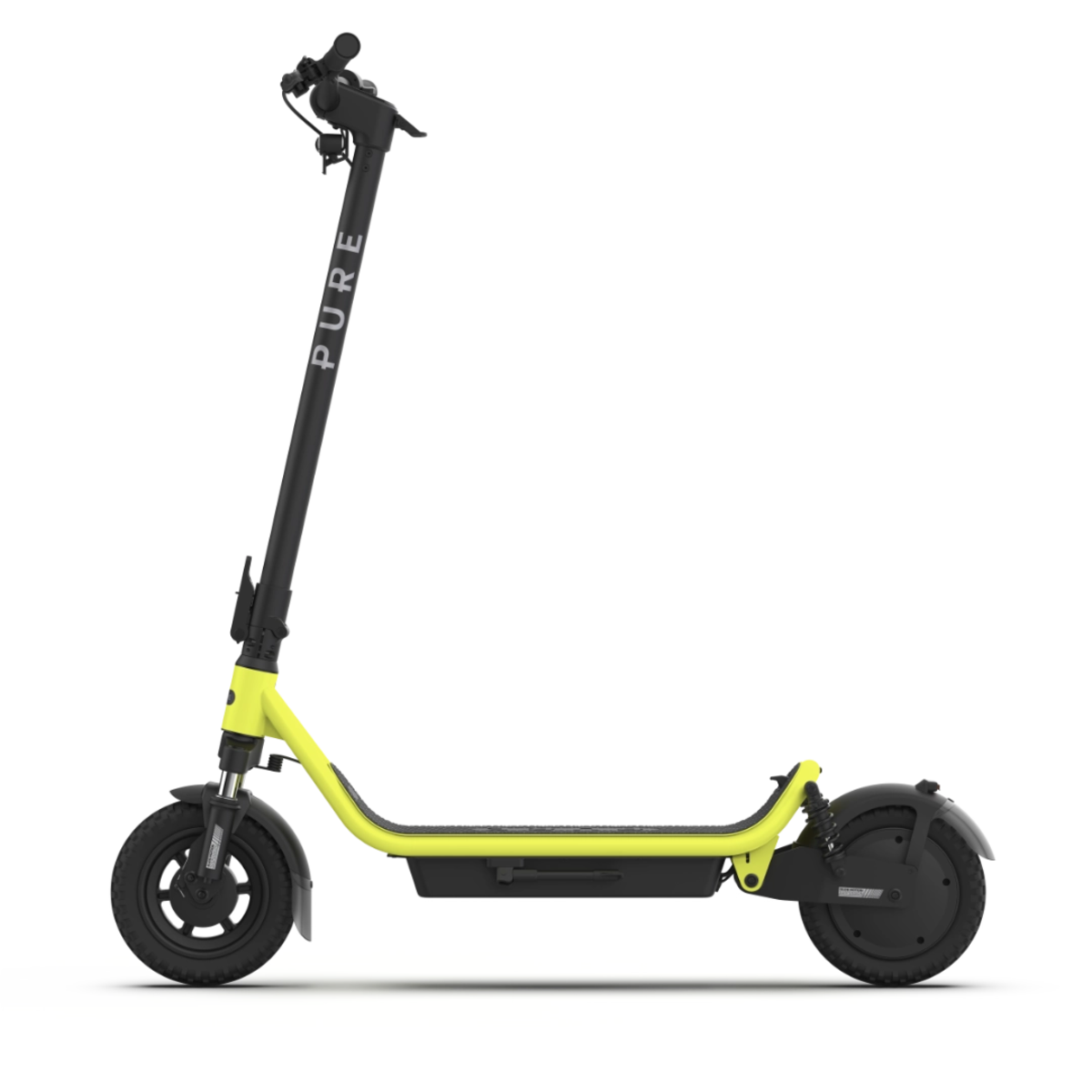 Ein Elektroroller mit schwarzem Lenker und Rahmen und gelber Basis. Der Roller steht auf weißem Hintergrund.