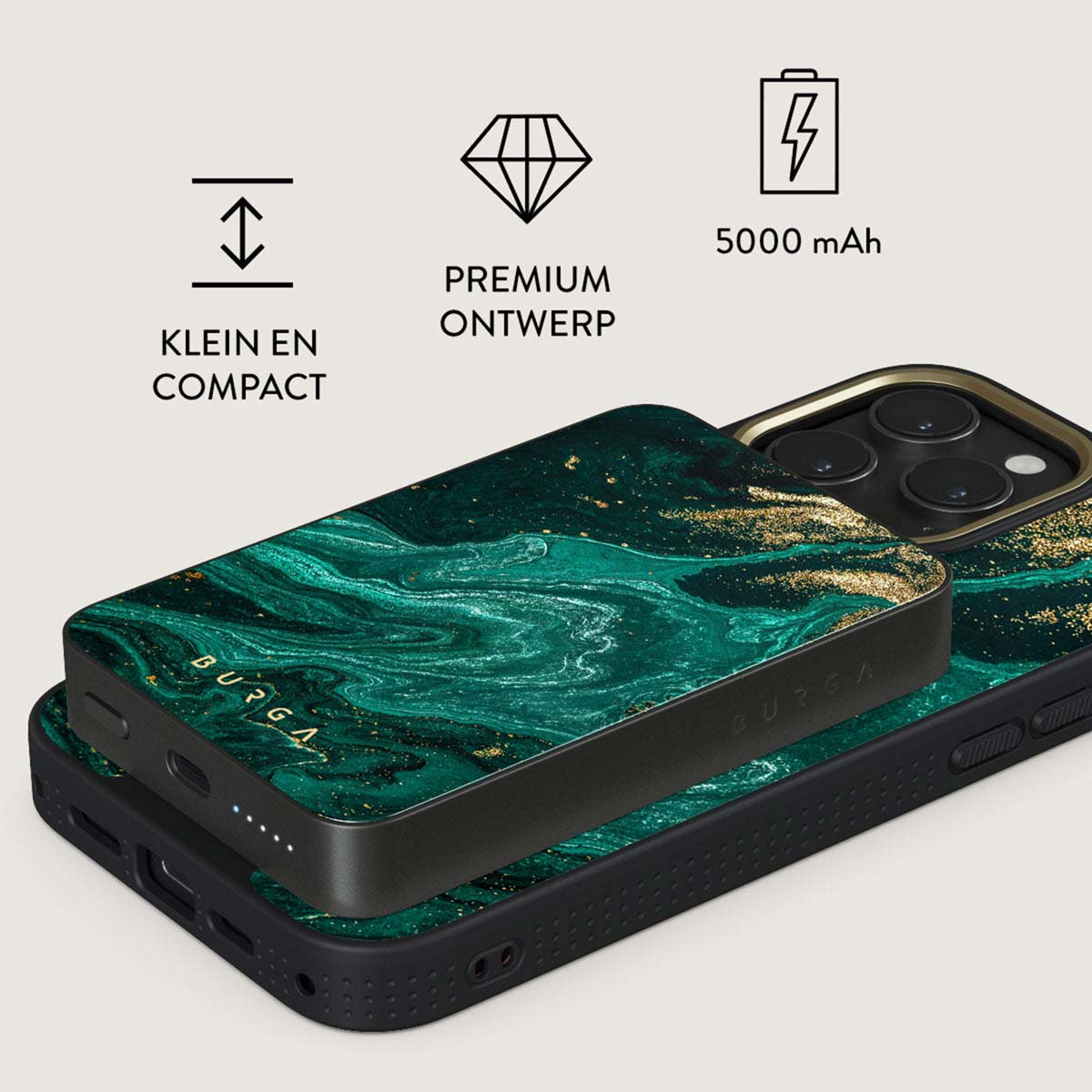 L'image montre une coque de téléphone et une batterie externe avec un design marbré vert et or. Le texte indique qu'il est compact et premium.