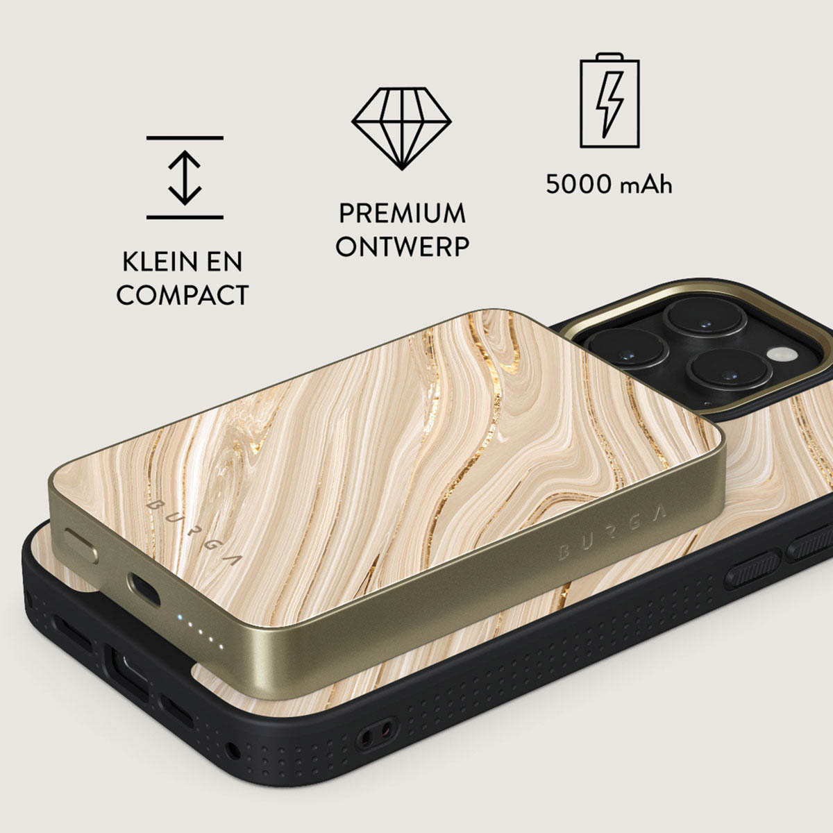 Un téléphone et un chargeur avec un design marbré. Texte : 'compact', 'premium' et '5000 mAh'.