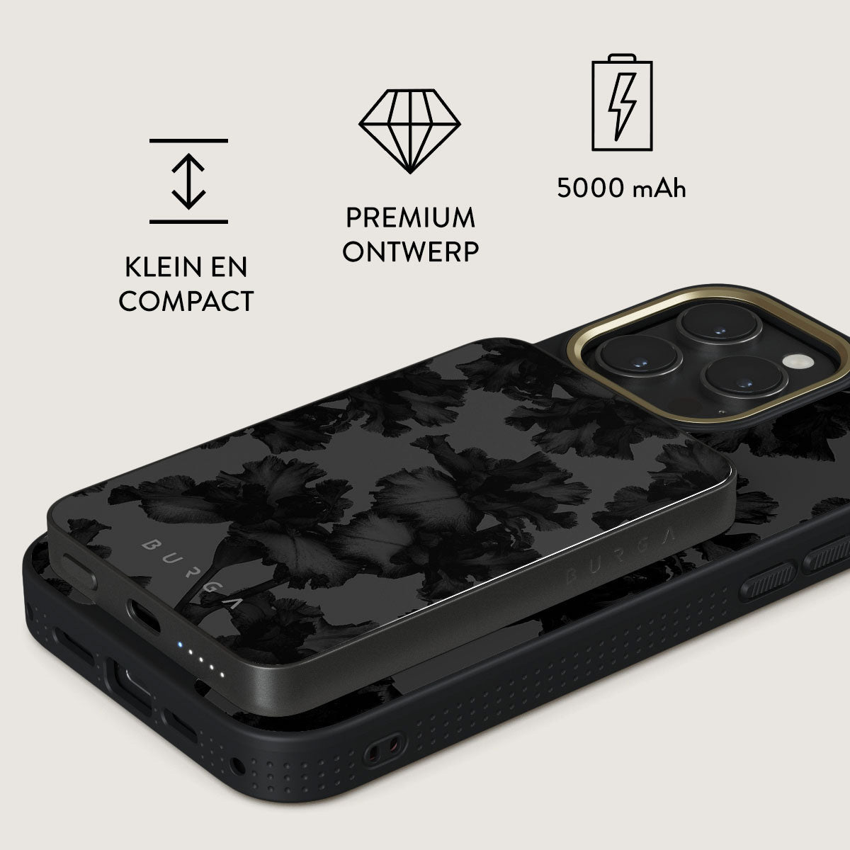 Un téléphone avec une coque florale noire, une banque d'alimentation avec le logo BURGA et des icônes pour un design compact, premium et 5000 mAh.